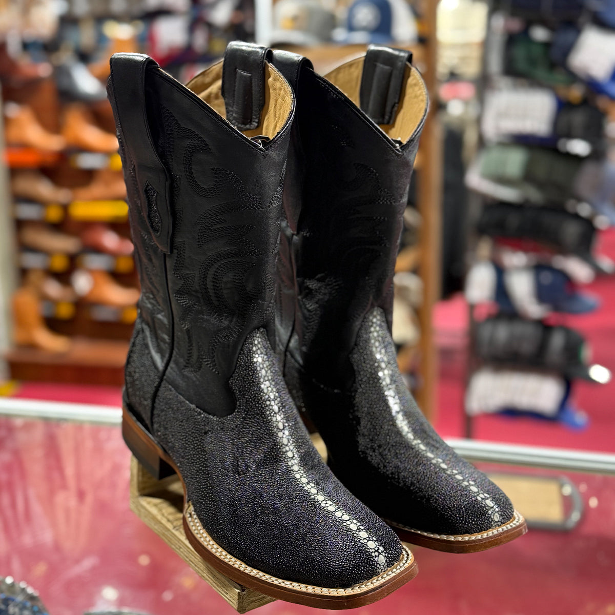 Los Altos men's black stingray square toe cowboy boots.