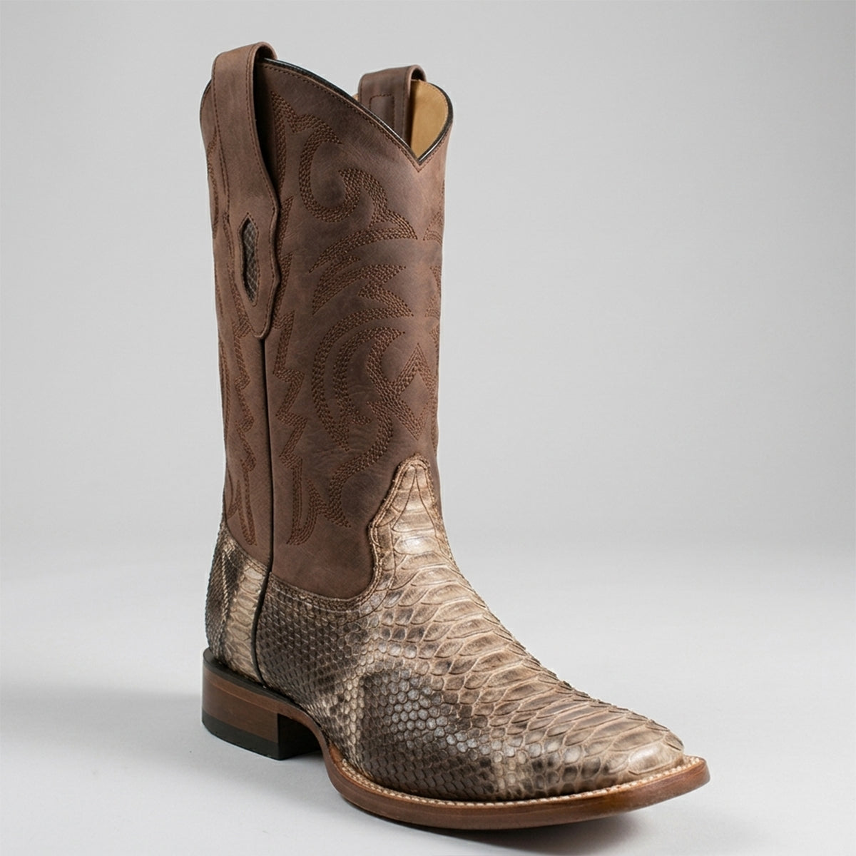 Los Altos men's brown python snakeskin square toe cowboy boot on a gray background.
