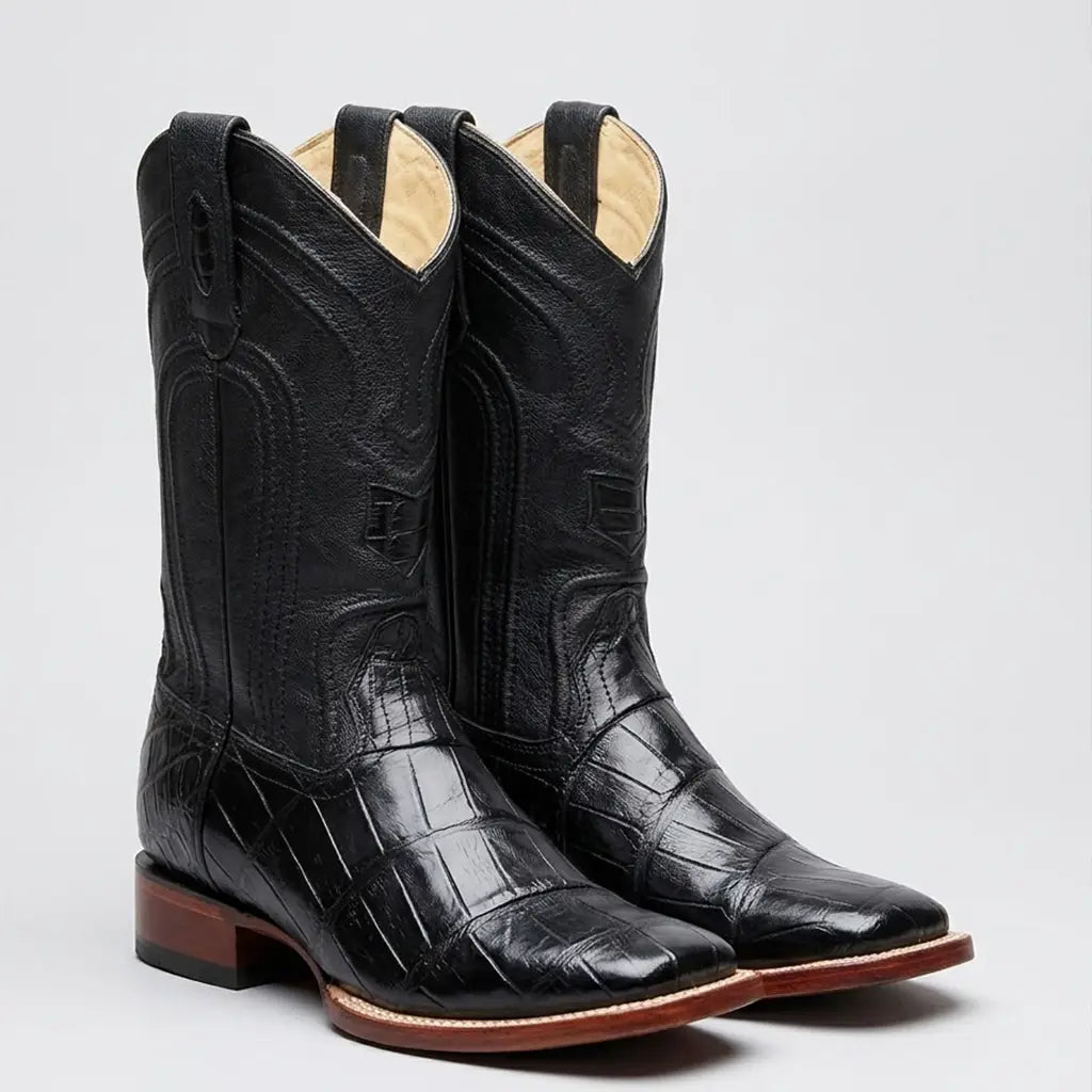 Studio pair view of the Los Altos Men's black genuine alligator square toe boots showing the alligator scale texture, 11-inch shaft, and leather outsole.