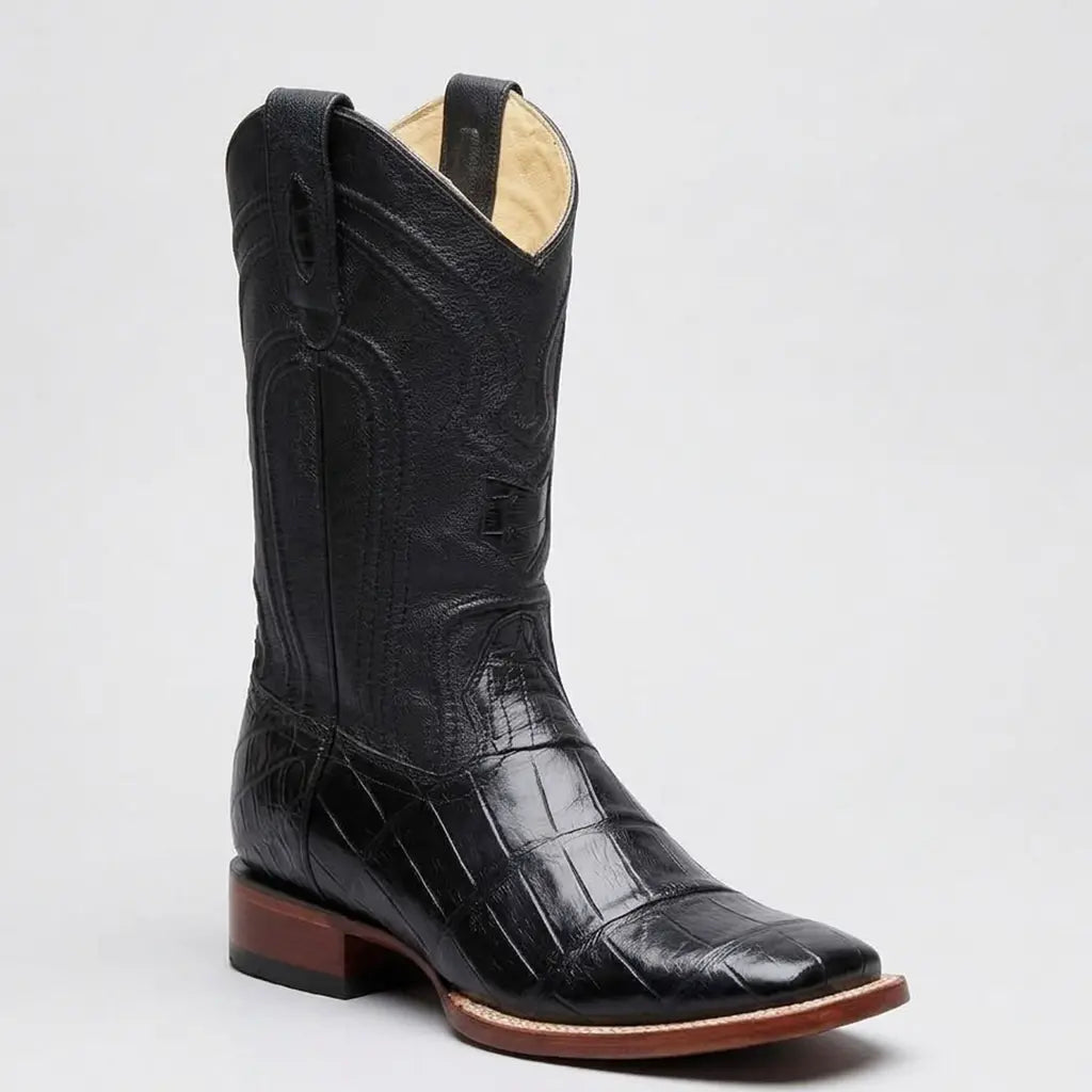 Studio profile shot of a single Los Altos black alligator boot displaying the wide square toe and 1.5-inch walking heel.