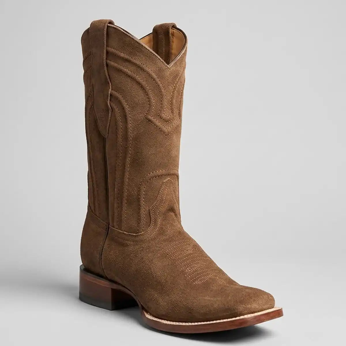 Los Altos men's brown suede cowboy boot with a square toe and stacked heel, shown from a three-quarter angle against a light gray background.