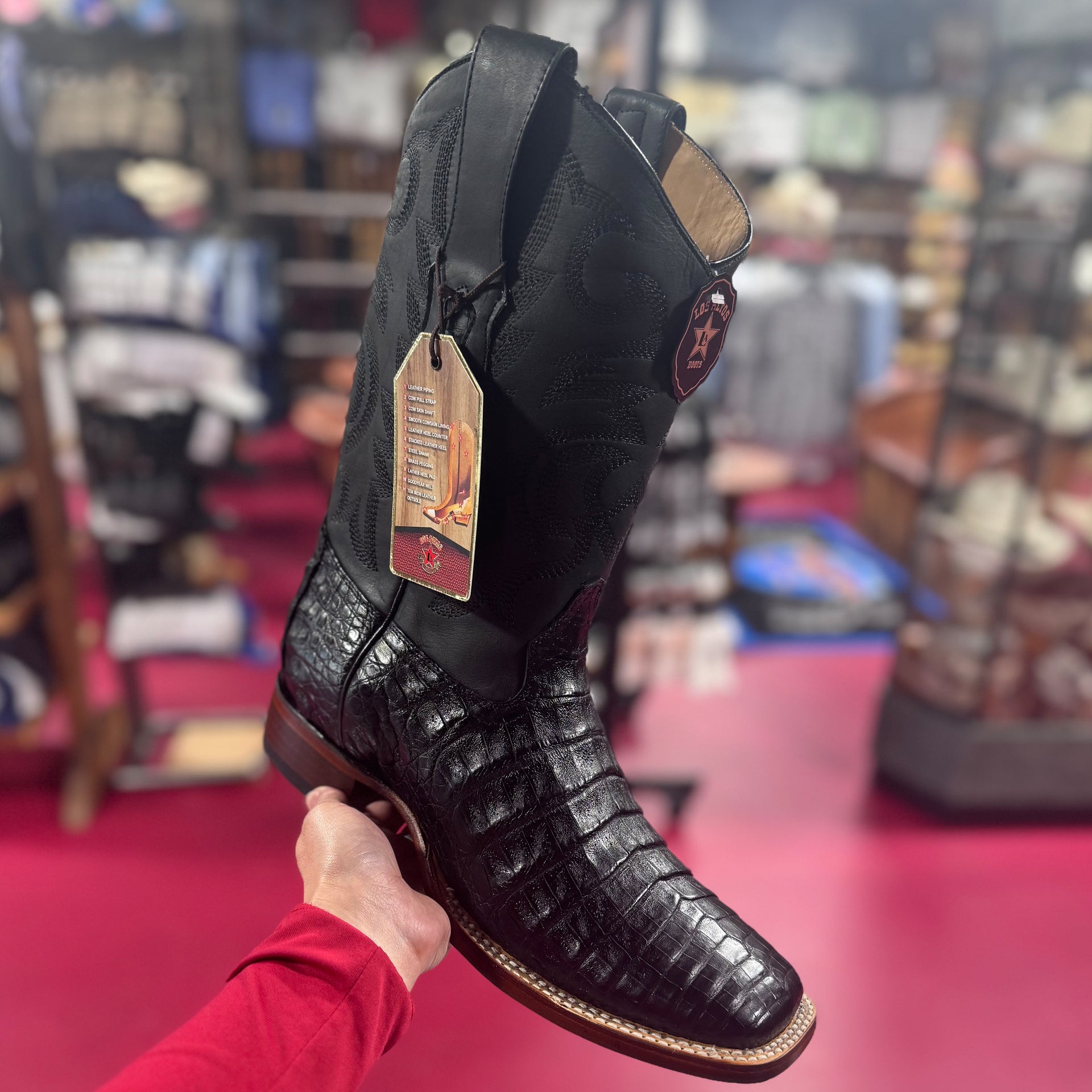 Black Caiman Square Toe Cowboy Boots Los Altos Boots