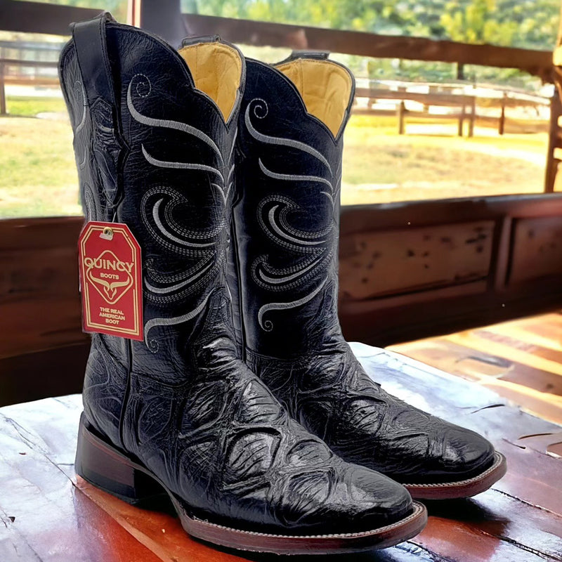 Quincy men's black pirarucu fish print western boots wide square toe profile.