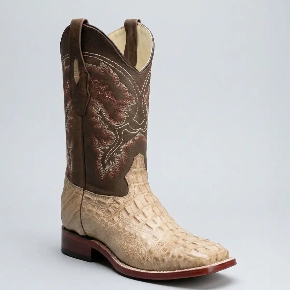 Single boot profile view of the Los Altos men's honey greasy caiman hornback boot highlighting the square toe and 1.5" block heel.