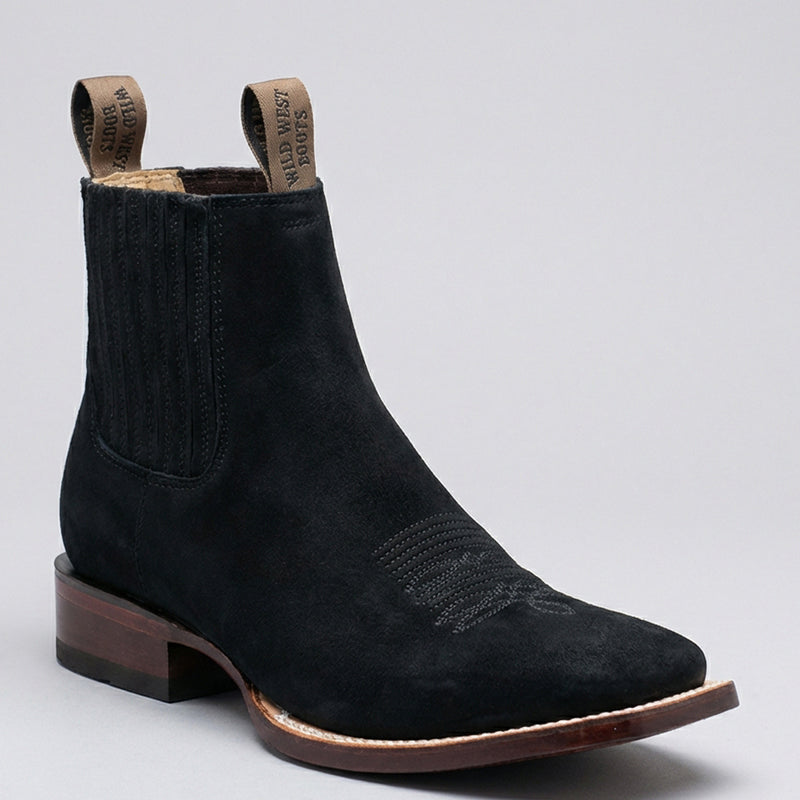Wild West Men's Nubuck Black Square Toe Short Cowboy Boot