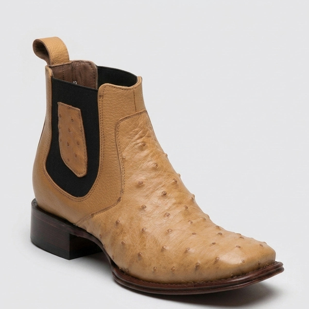 Los Altos men's tan antique saddle genuine full quill ostrich leather Chelsea ankle boot featuring a square toe, black elastic side goring, and a leather pull tab.