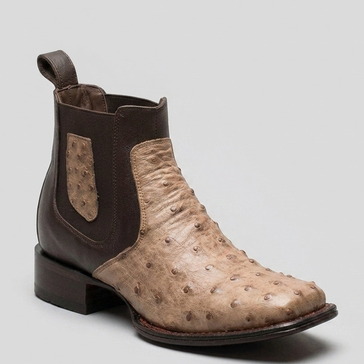 Los Altos men's two-tone Chelsea ankle boot featuring a mocha tan full quill ostrich leather foot, dark brown leather shaft, and a modern square toe profile.