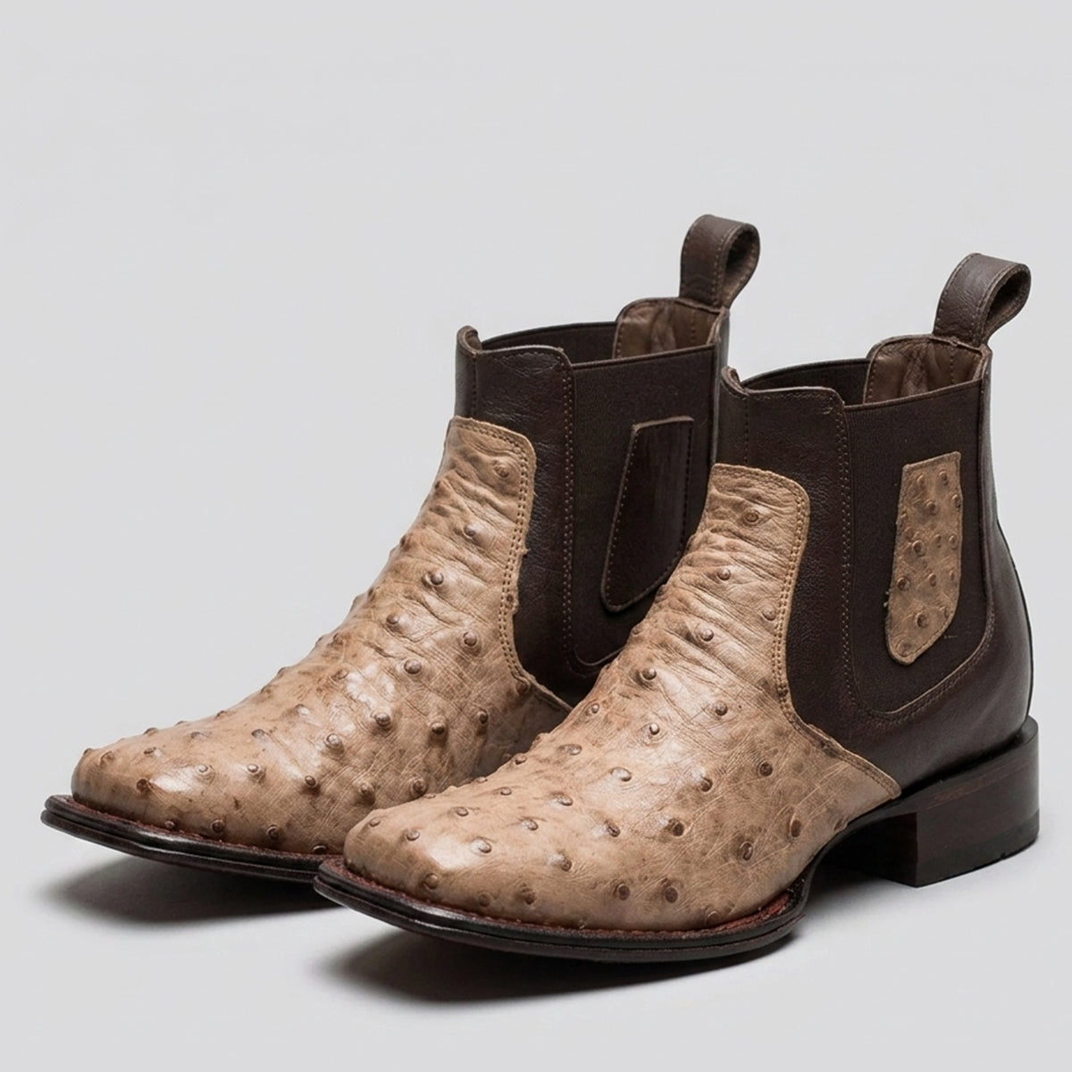 Los Altos men's mocha tan full quill ostrich square toe Chelsea ankle boots.