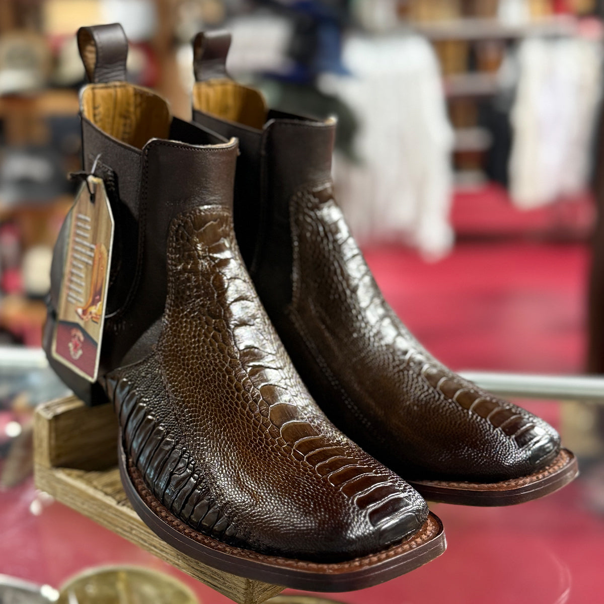 Los Altos men's short brown ostrich leg leather square toe cowboy boots.