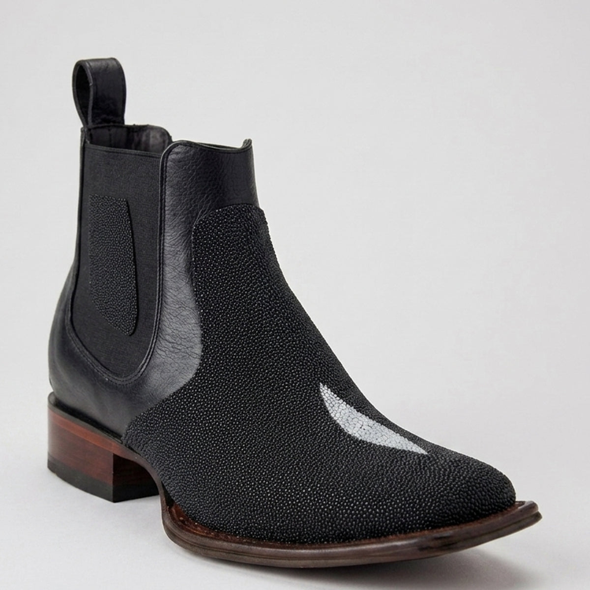 Los Altos men's black genuine stingray leather Chelsea ankle boot featuring a textured pearl finish, a distinctive white diamond eye mark, and a square toe.