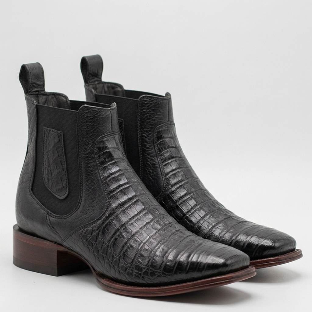 Los Altos men's black genuine caiman belly leather square toe Chelsea western boots.