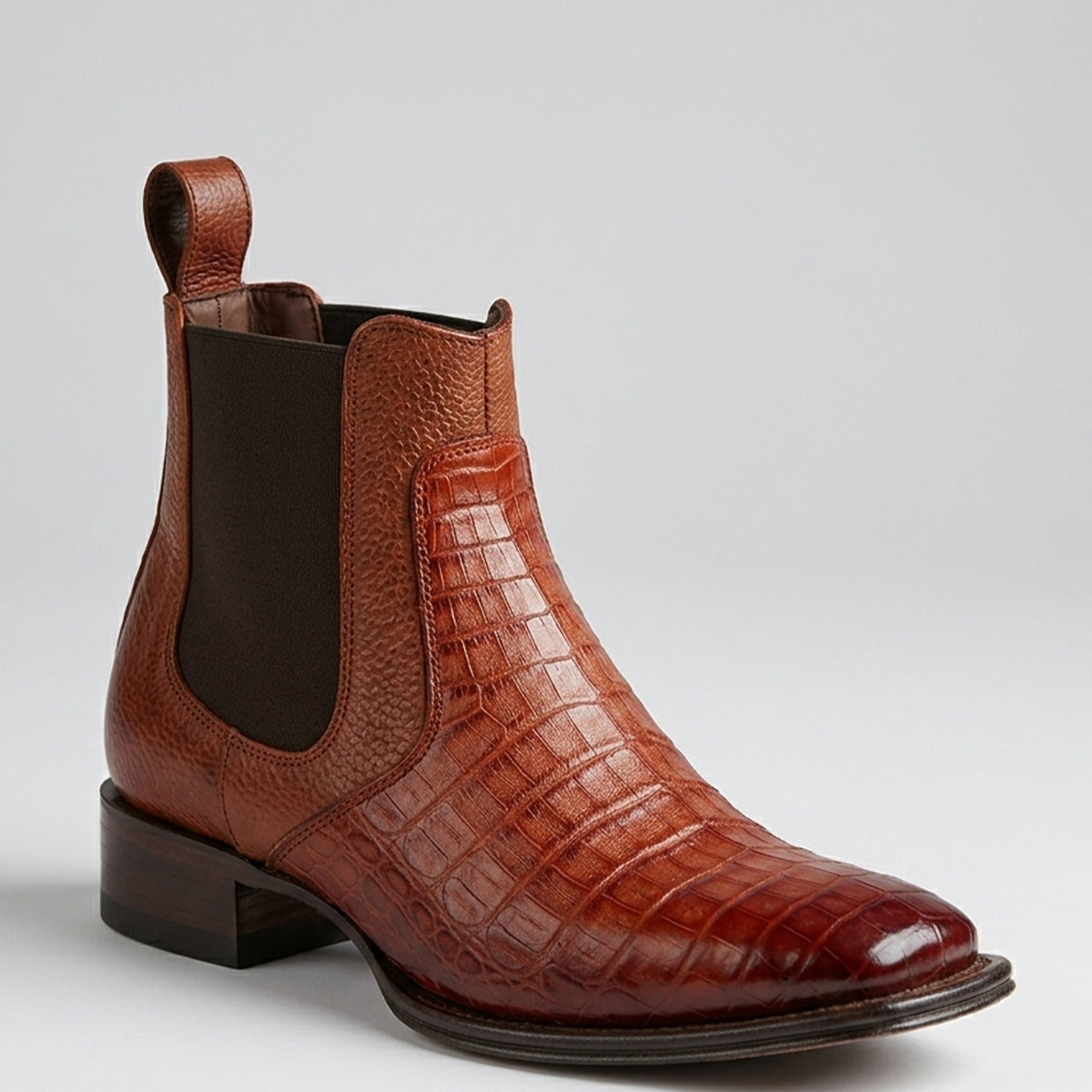 Los Altos men's cognac brown caiman belly leather Chelsea square toe western boot on a white background.