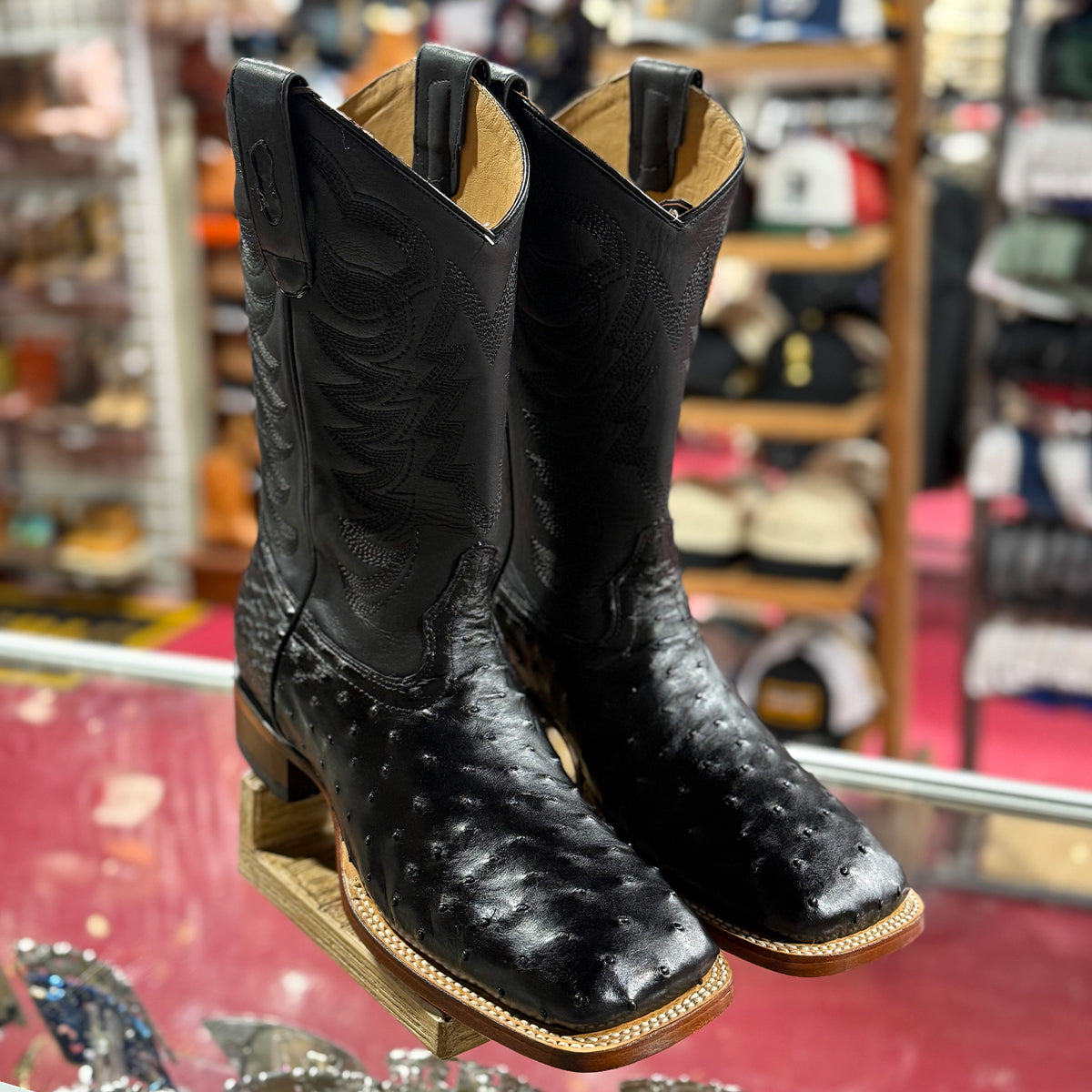 Los Altos men's black full quill ostrich leather extra wide square toe western boots.
