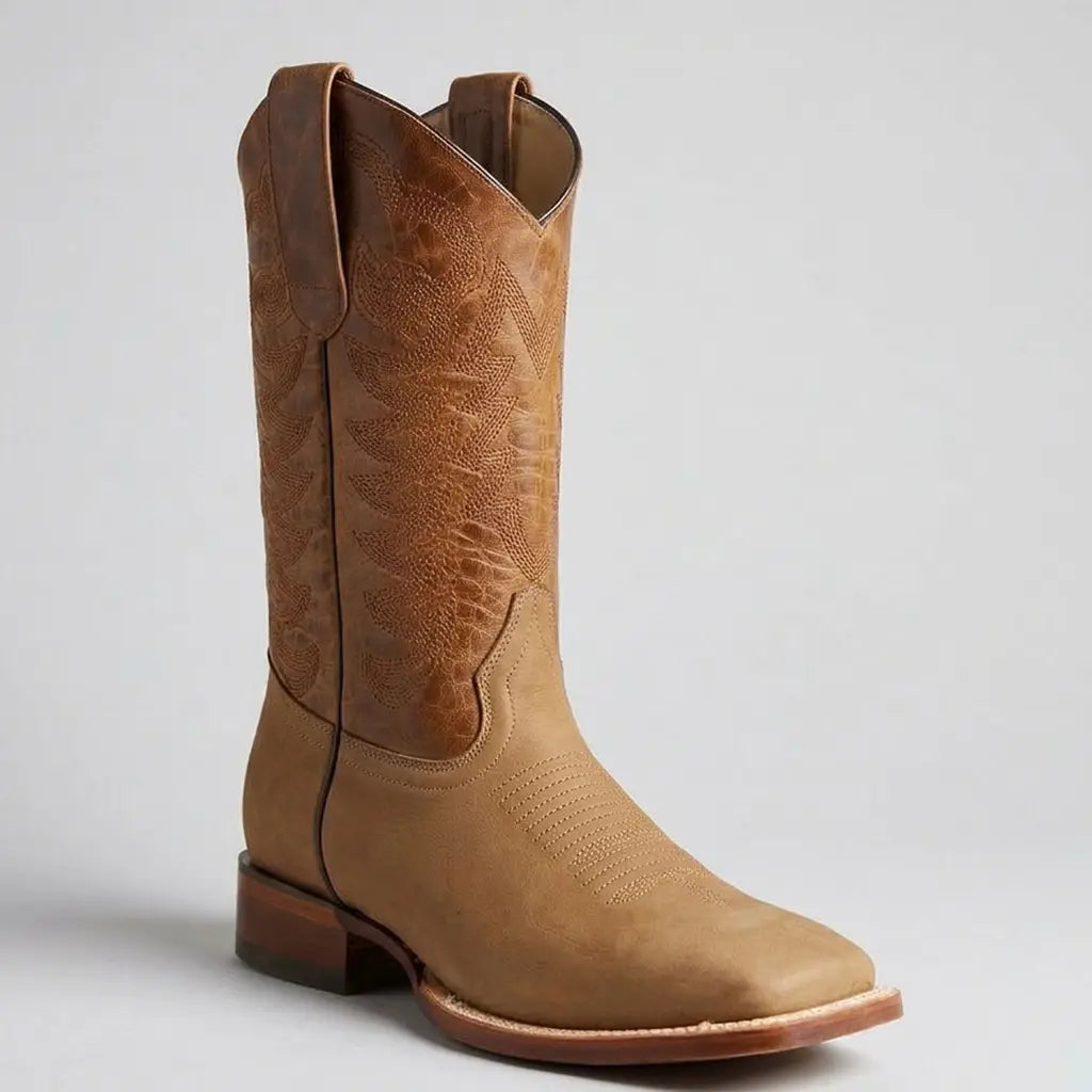 Three-quarter studio profile of the Los Altos Men's Taupe Nubuck Extra Wide Square Toe Boot displaying the soft nubuck texture, 11-inch brown stitched shaft, and leather outsole.