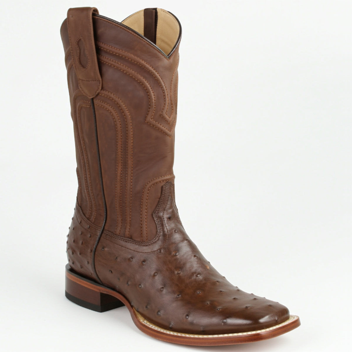 Brown Ostrich Square Toe Boot With Zipper