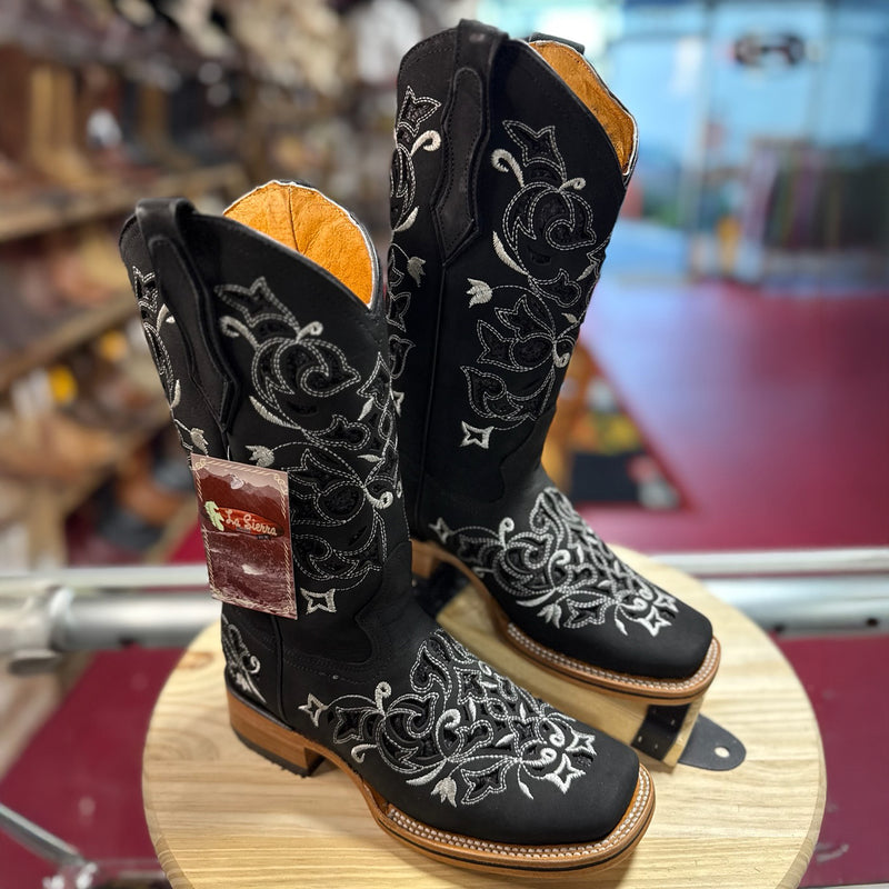 Laser Cut Black Square Toe Cowgirl Boots