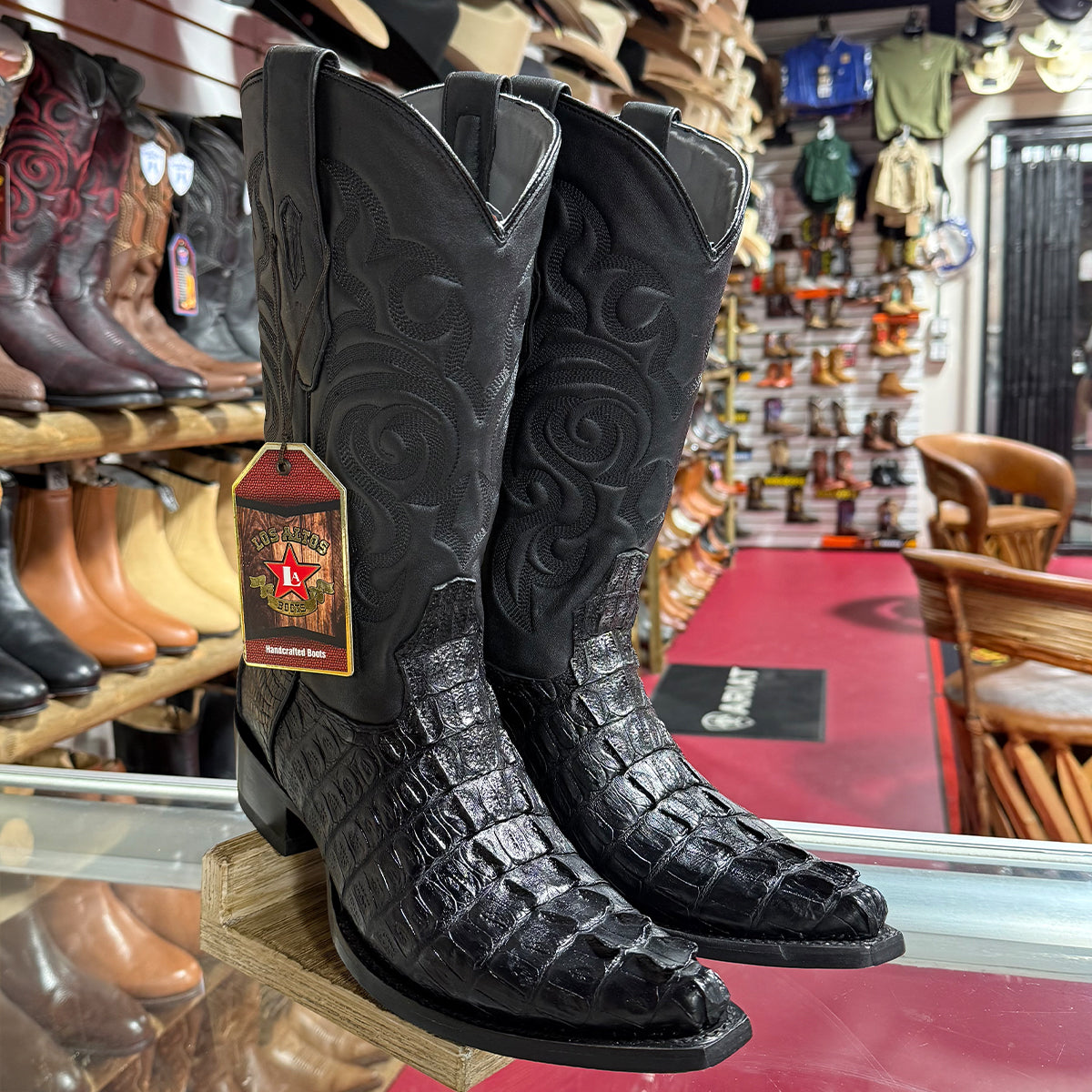 Los Altos Black Caiman Tail Western Boots Snip Toe