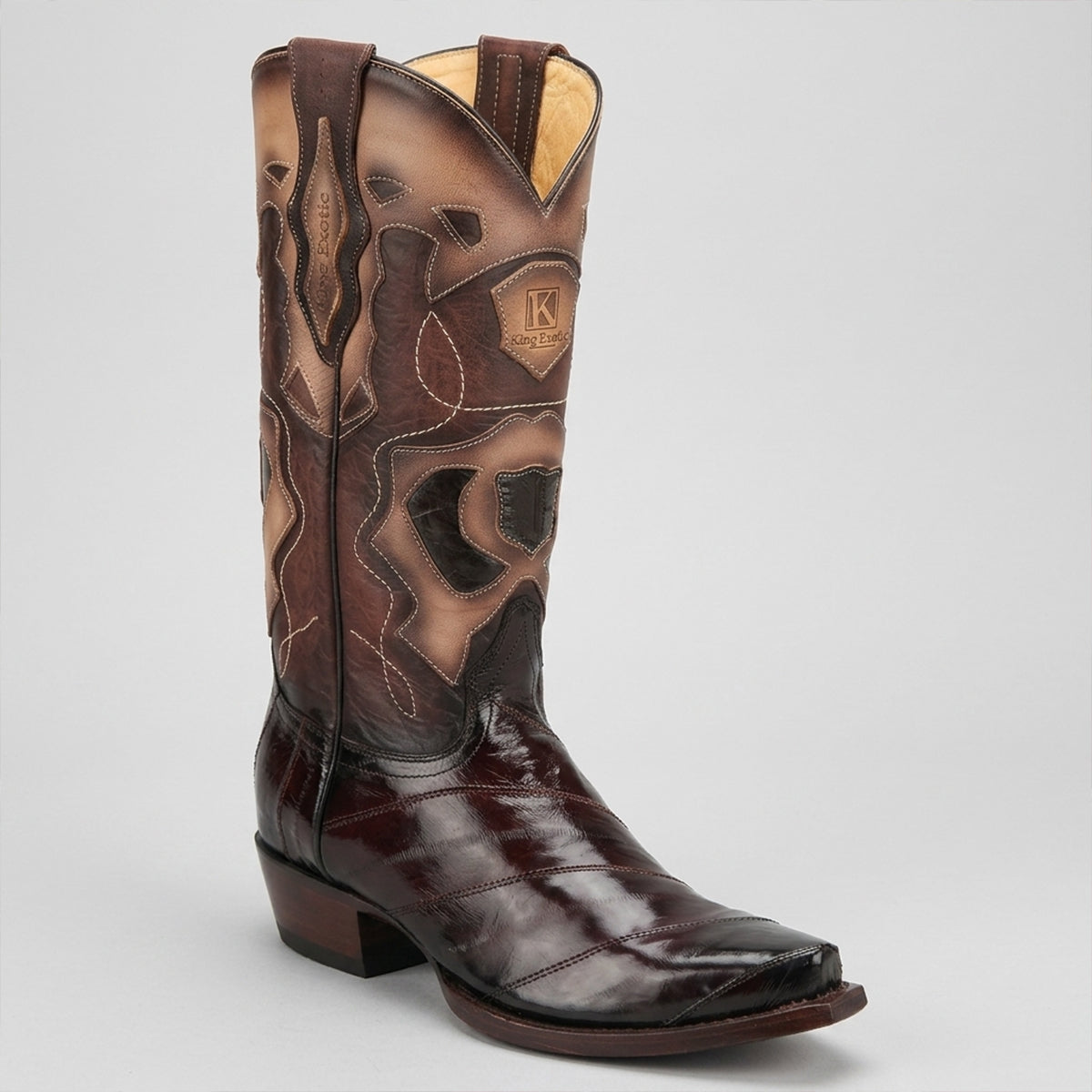 King Exotic men's brown eel skin snip toe western boot.