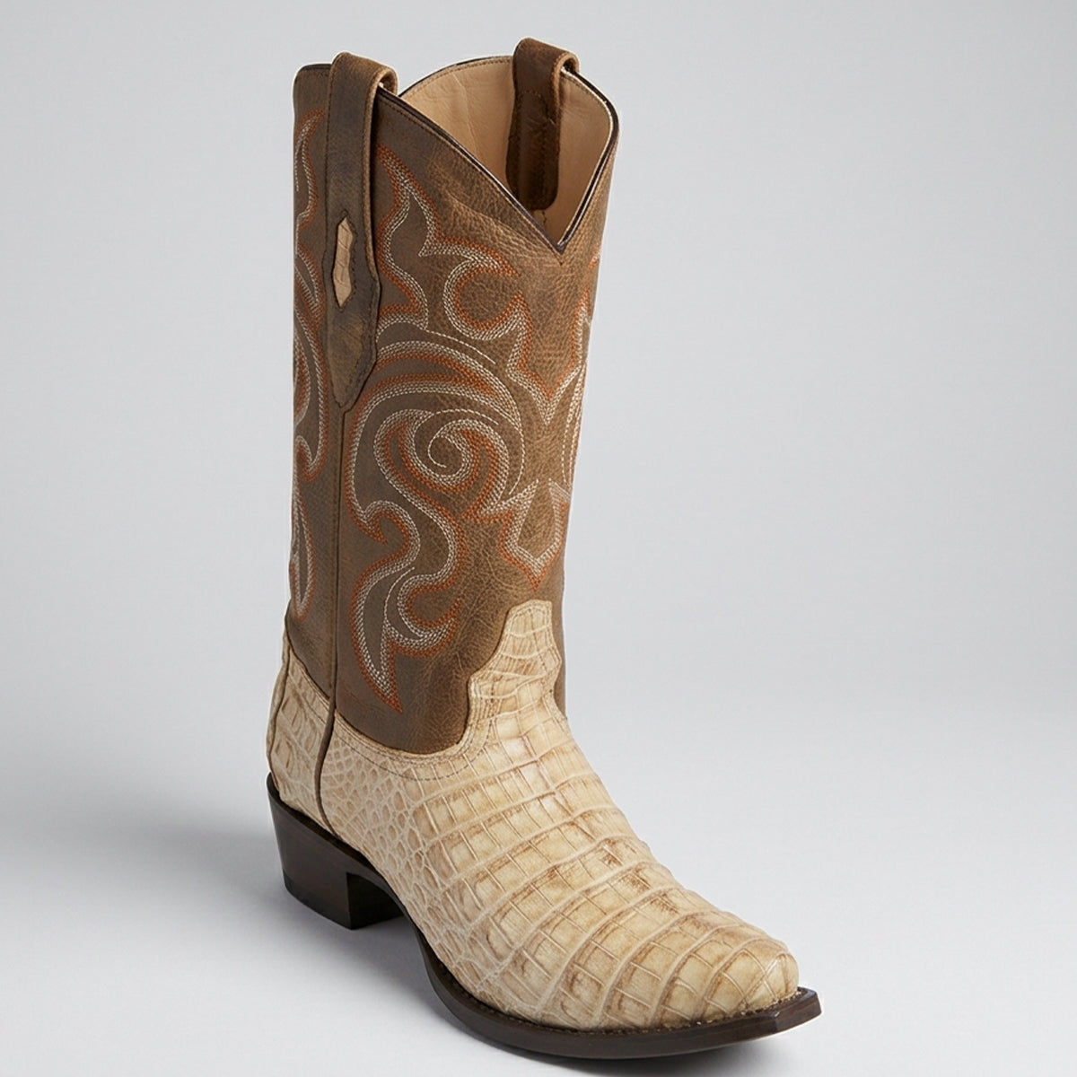Los Altos men's western boot with a tan shaft featuring brown and beige swirl embroidery, a beige caiman belly vamp, and a dark brown heel, shown against a light gray background.