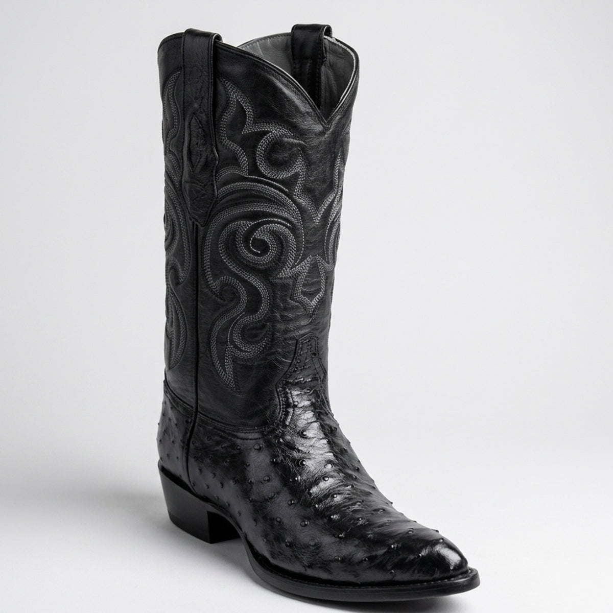 Los Altos men's black full quill ostrich leather western boot j-toe profile.
