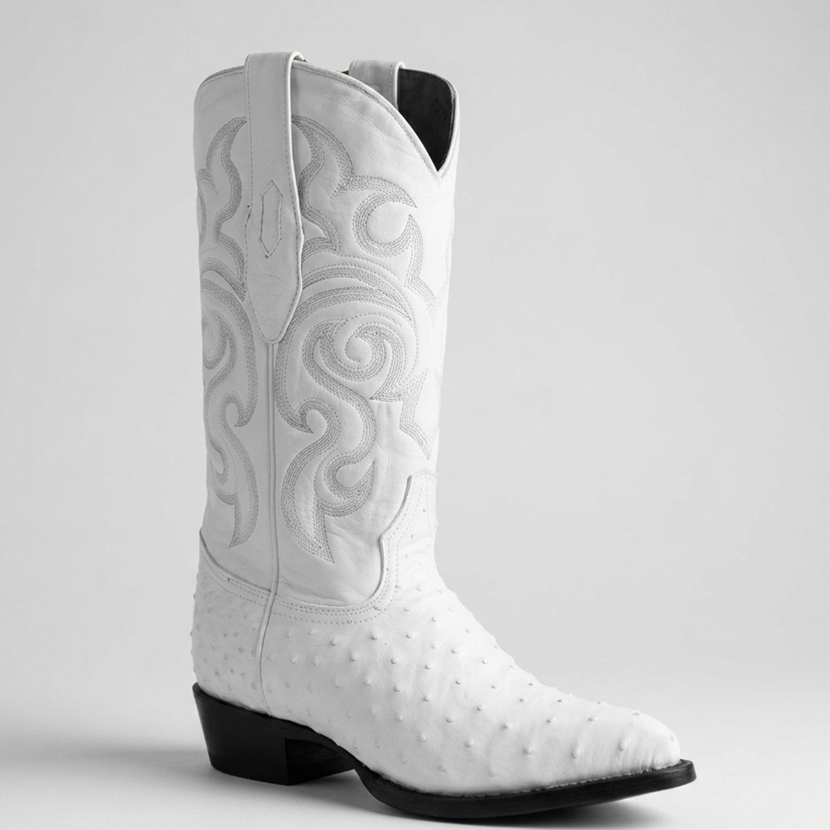 Los Altos men's white full quill ostrich leather cowboy boot j-toe profile.