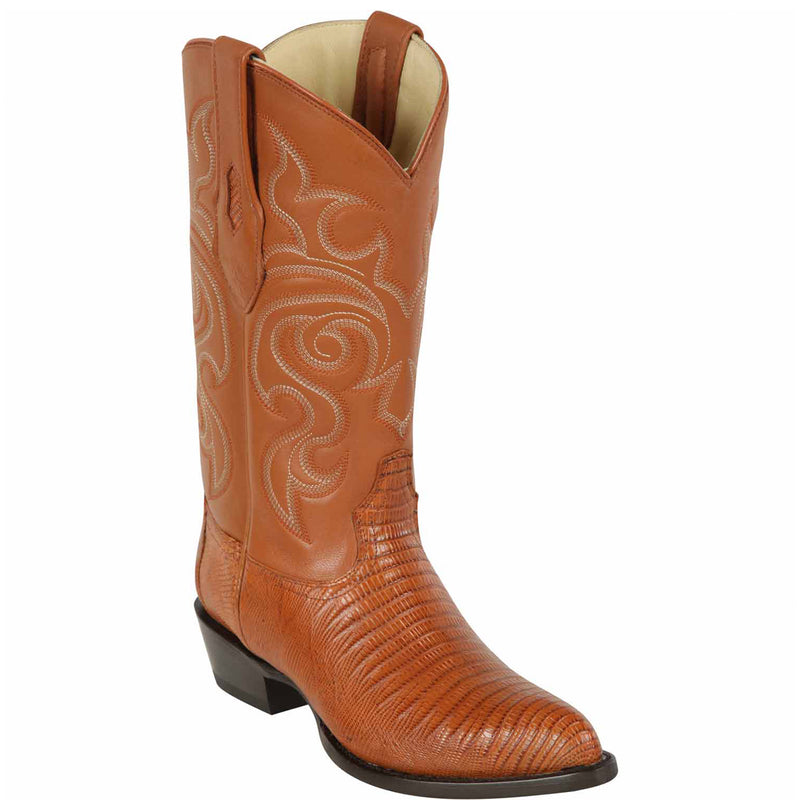 Los Altos men's light brown lizard skin leather western boot j-toe profile.