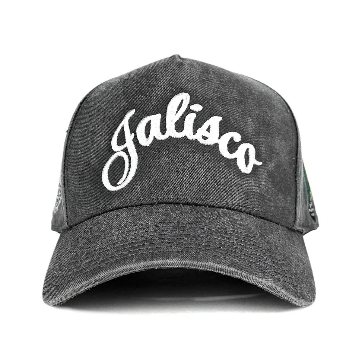 Fortyfive Hats Co. dark gray washed cotton snapback hat featuring white 3D script embroidered "Jalisco" on front.