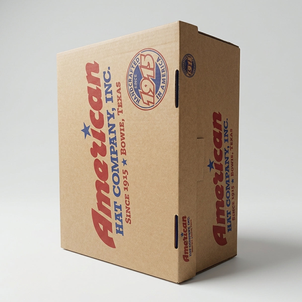 Hat box with American Hat Company branding on a gray background.