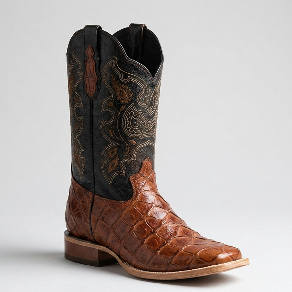 El General men's almond brown pirarucu print square toe cowboy boot.