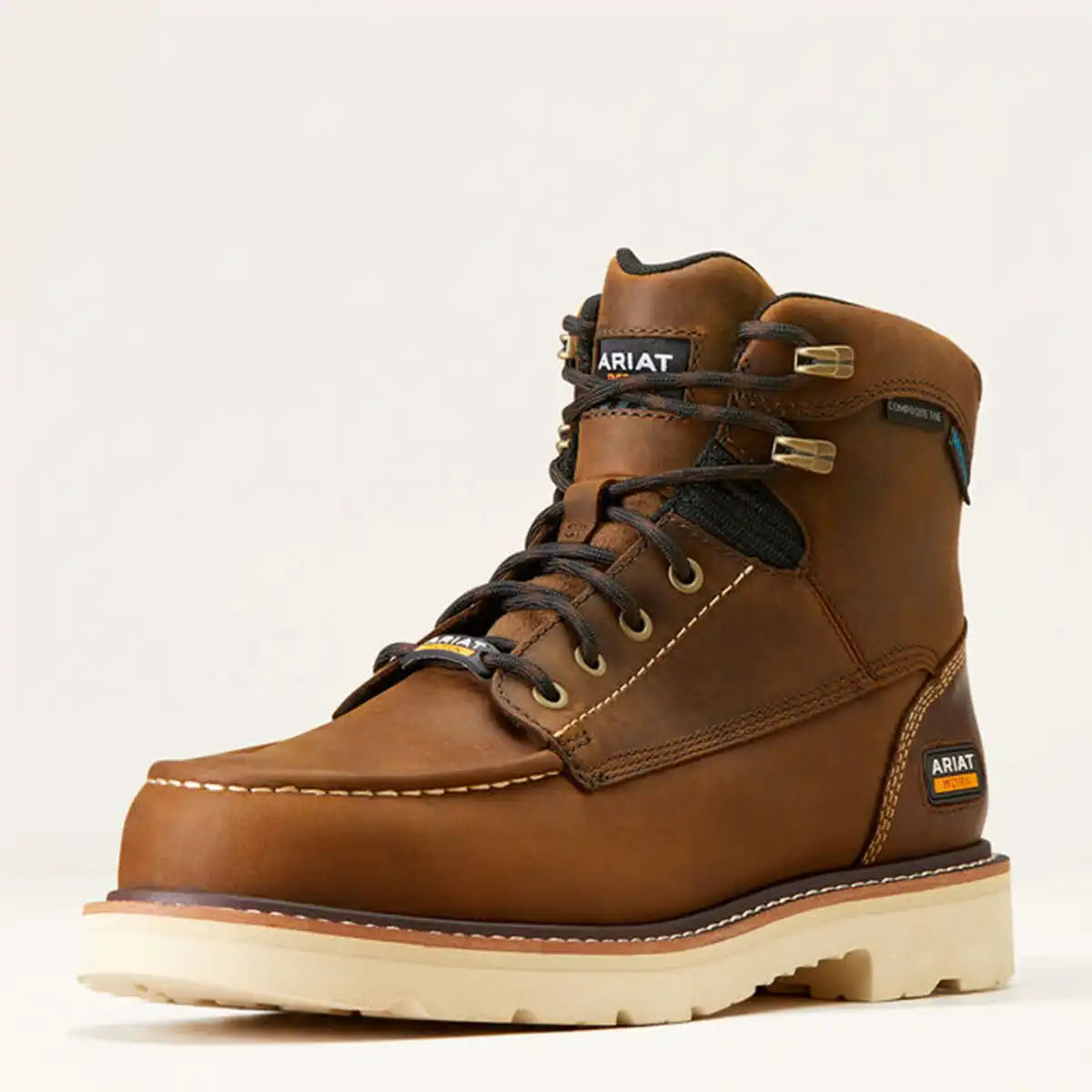 Side profile view of a single Ariat Rebar Lift 6" brown leather work boot highlighting the speed hooks, 6" shaft height, and FLX Foam midsole.