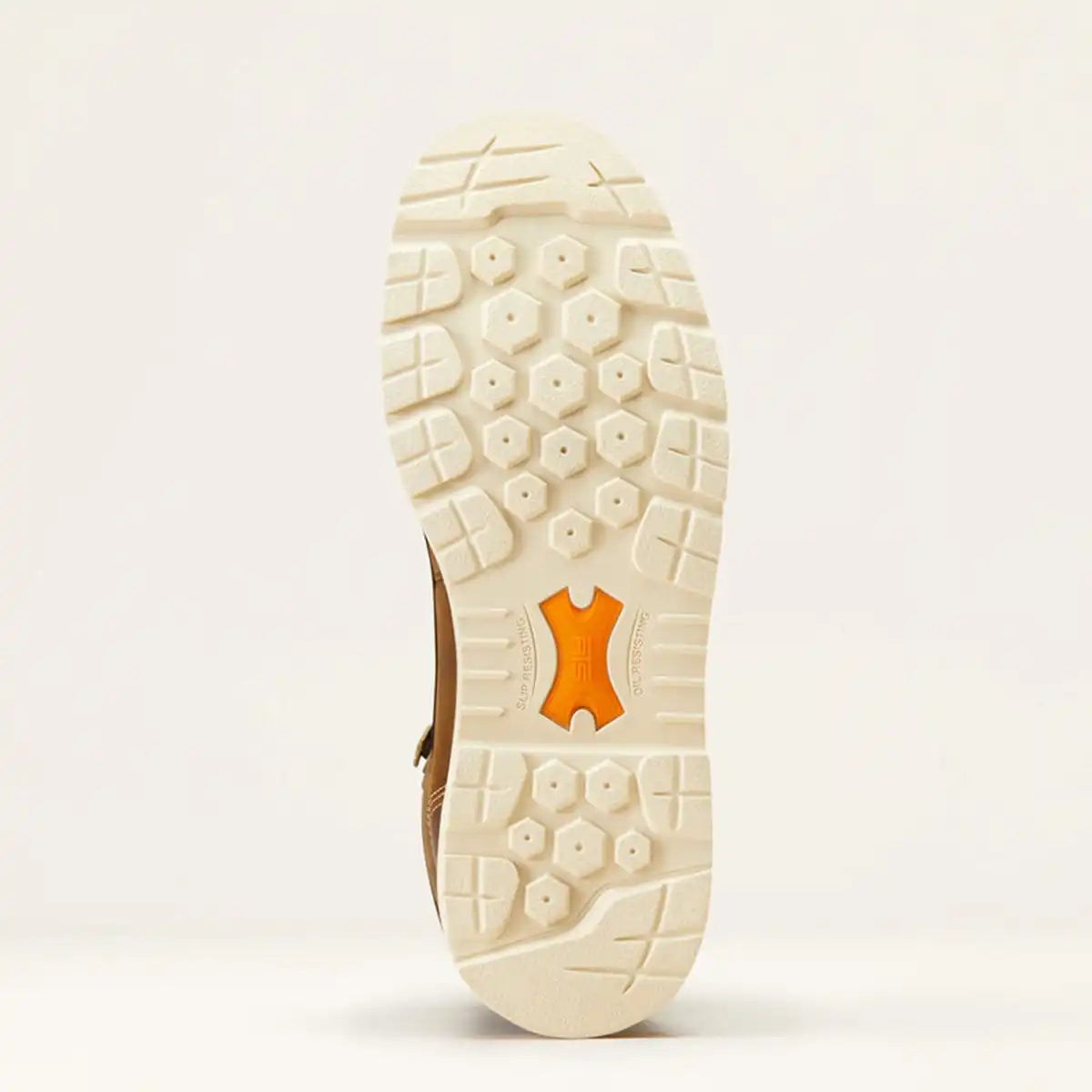 Bottom view of the cream oil- and slip-resistant SMARTLITE TPU outsole tread pattern showing the orange ATS stability shank insert.