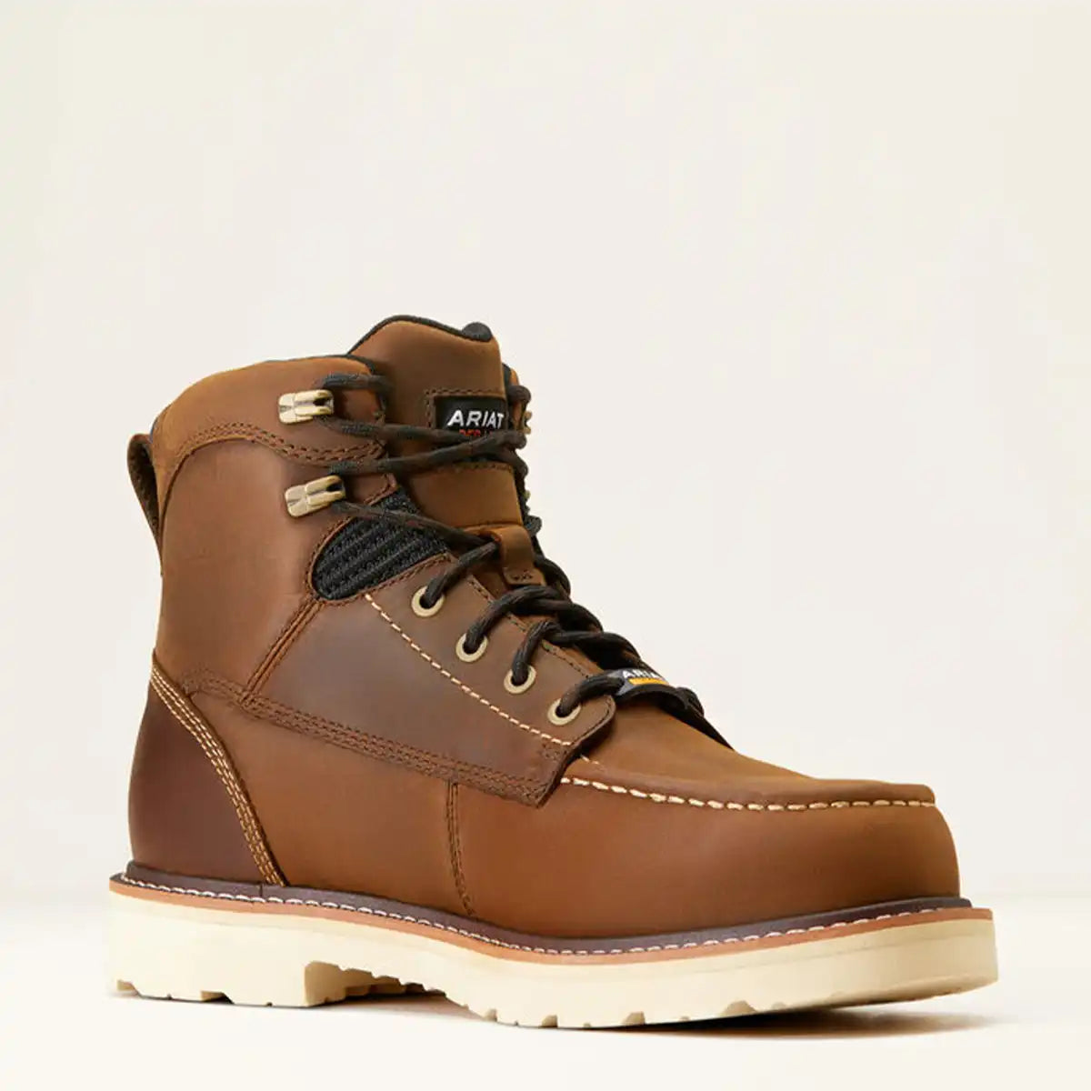 Side profile view of a single Ariat Rebar Lift 6" brown leather work boot highlighting the speed hooks, 6" shaft height, and FLX Foam midsole.