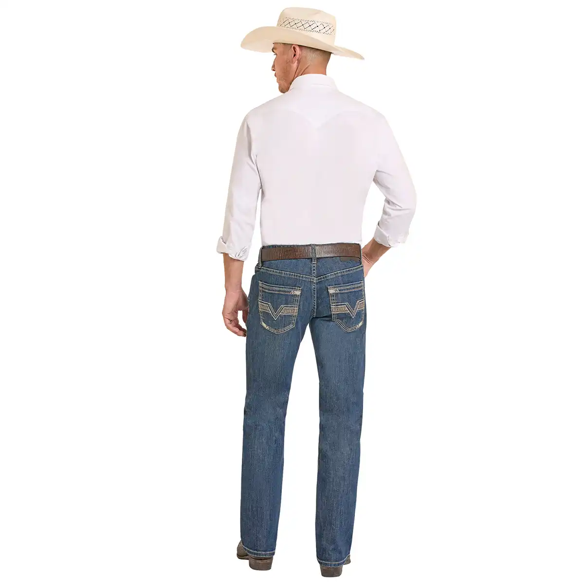 A man shown from the back wearing a white long-sleeve western shirt, blue jeans with decorative stitching on the back pockets, a brown belt, and a light beige cowboy hat, against a plain white background.