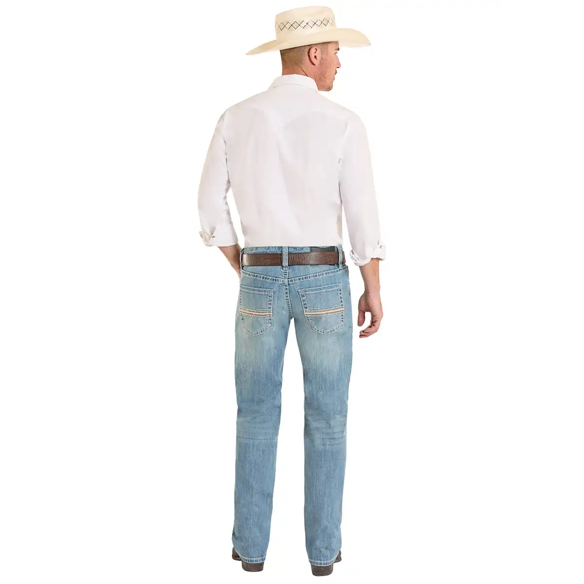Back views of a man wearing Rock & Roll Denim Pistol medium wash straight leg jeans with cowboy boots and hat.