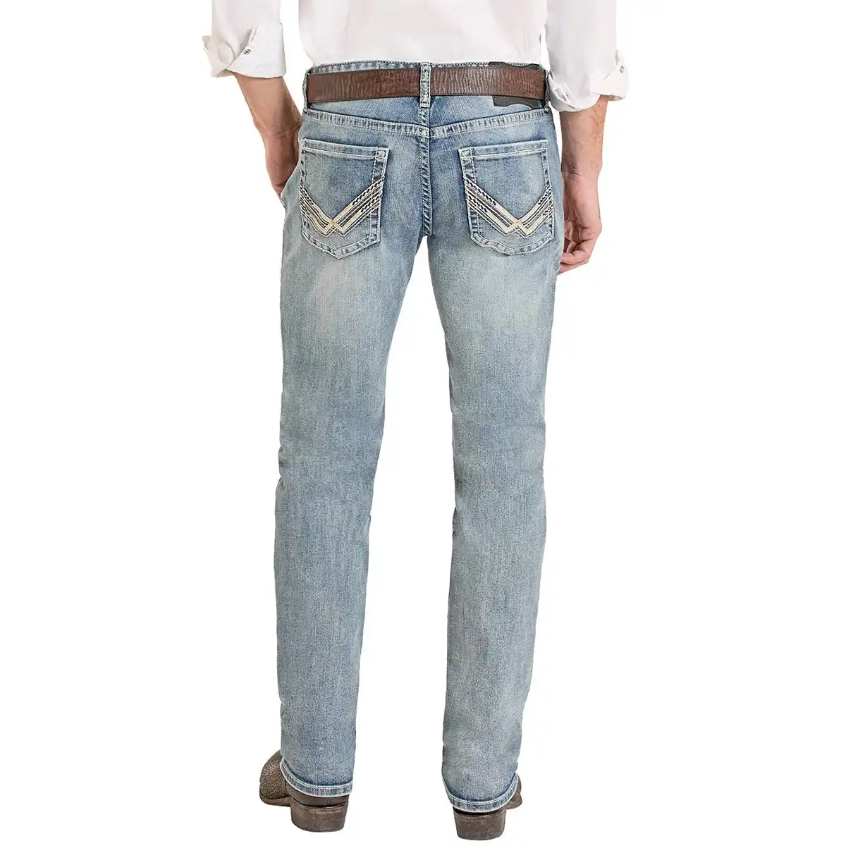 Rustic Light wash denim jeans with decorative silver chevron embroidery on the back pockets, shown on a model from the rear.