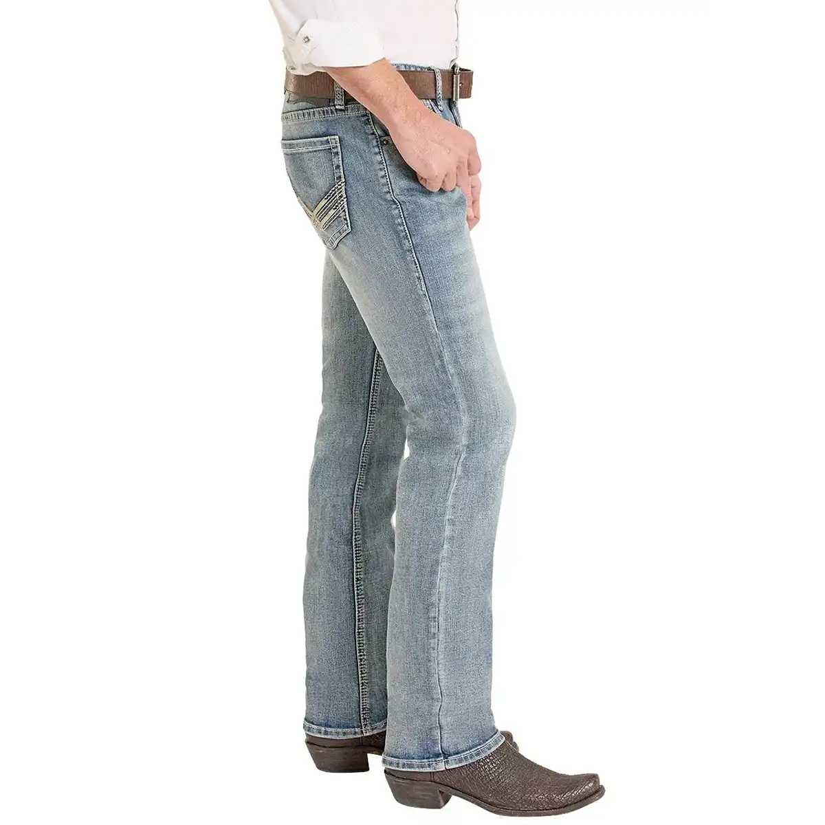 A side profile view of a person wearing light-wash blue western-style jeans with decorative stitching on the back pocket, a white shirt, and brown cowboy boots against a plain white background.