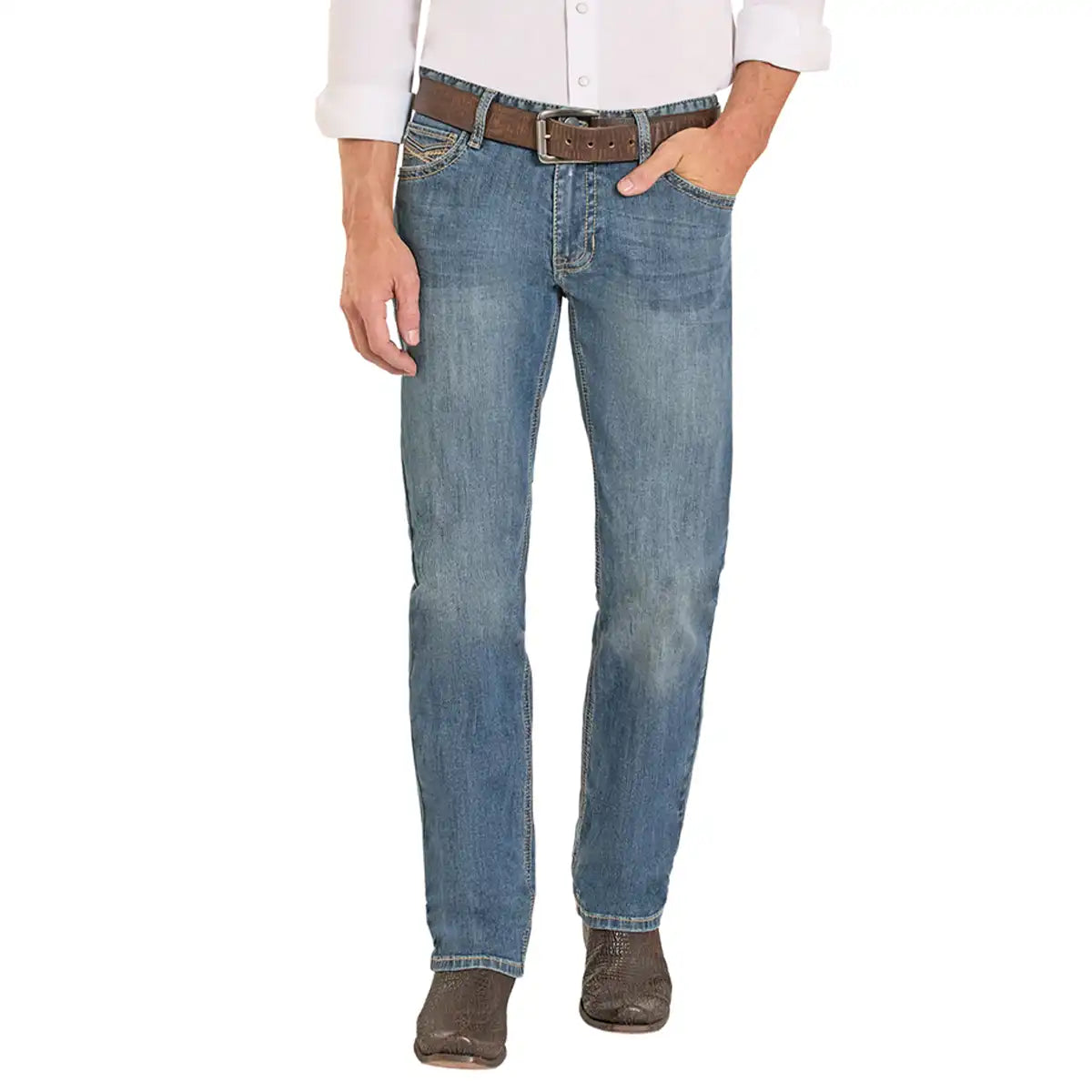 A person wearing light blue denim jeans with a brown belt and brown boots, shown from the waist down on a plain white studio background.