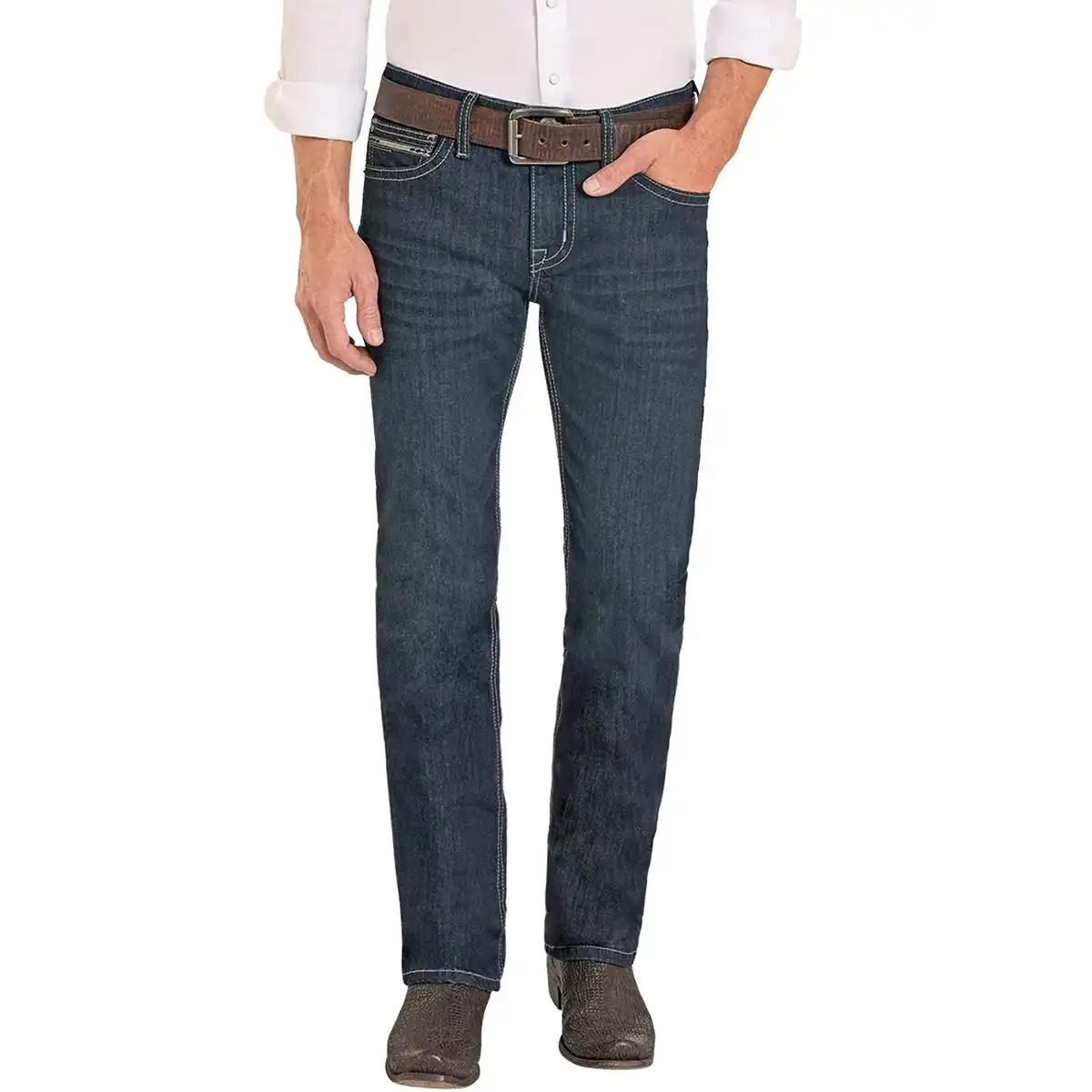 A person wearing dark blue denim jeans with a brown belt, paired with a white button-down shirt and brown boots, shown against a plain white background.