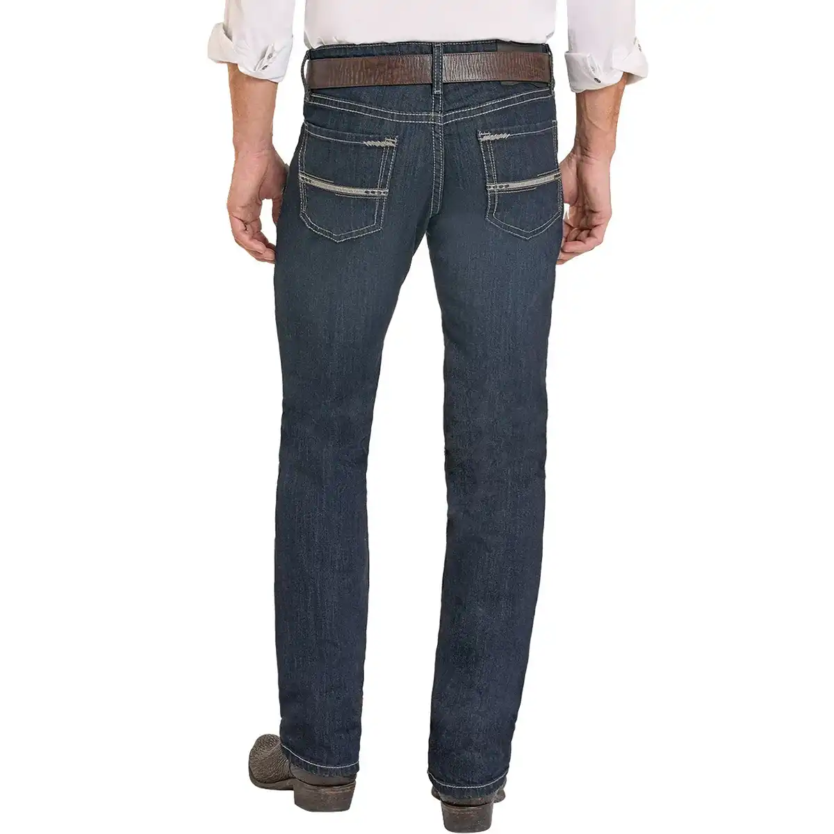 Rear view of a man wearing dark blue denim jeans with contrast stitching, a brown belt, and brown boots against a white background.