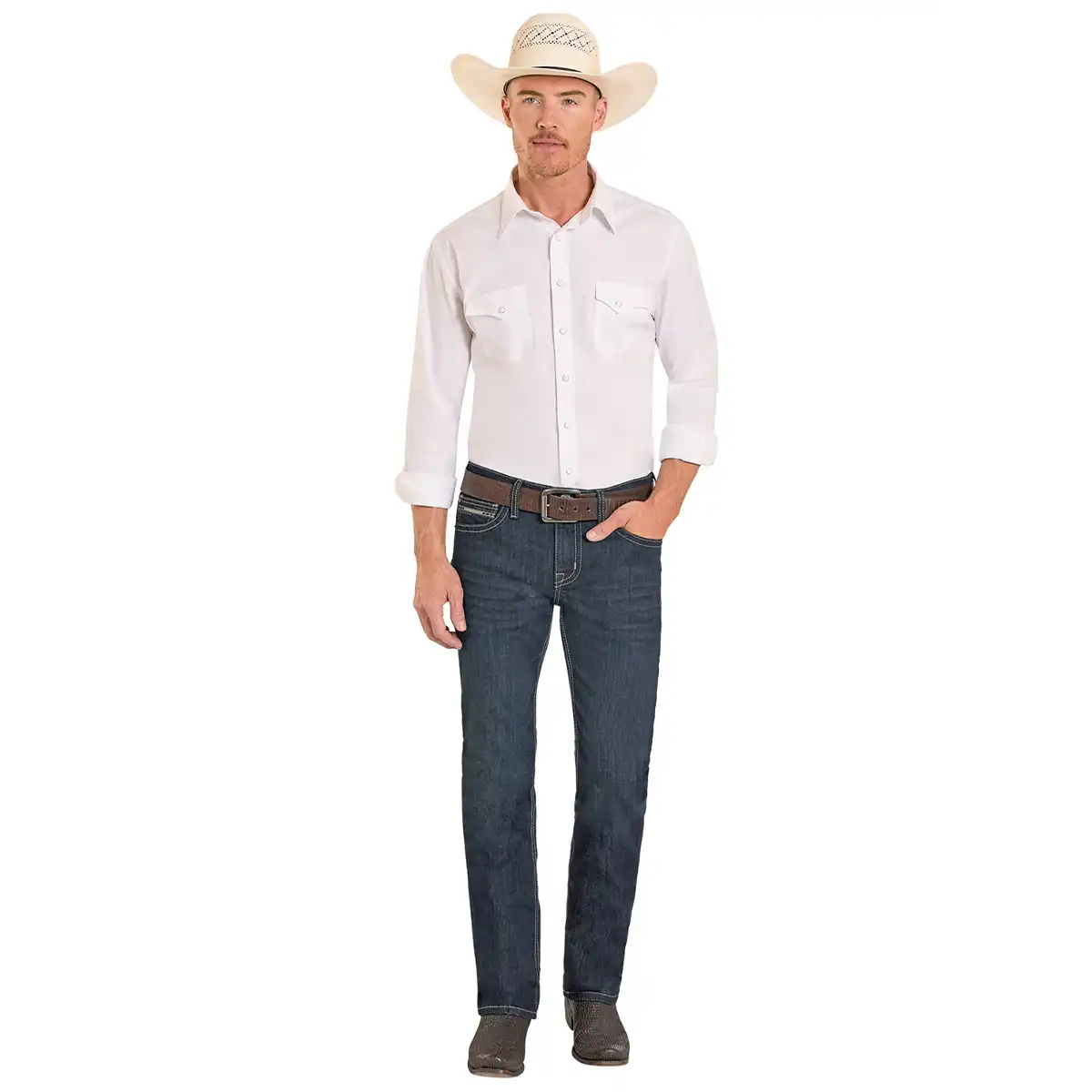 Man wearing Rock & Roll Denim Revolver dark wash slim straight jeans with Western belt, cowboy hat and boots.