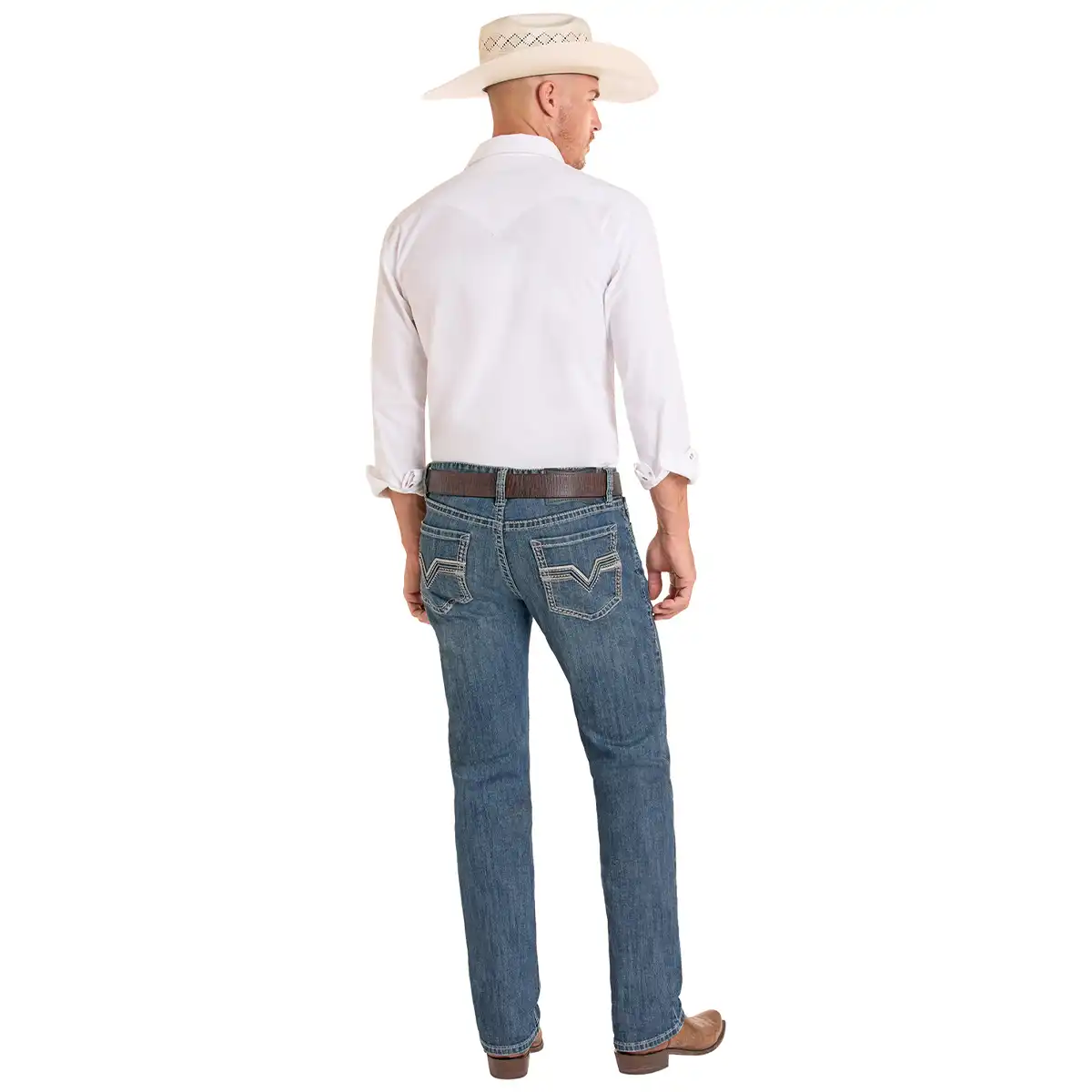 Back view of a man wearing Rock & Roll Denim Revolver medium wash slim straight jeans with raised pleather stitch pocket details.