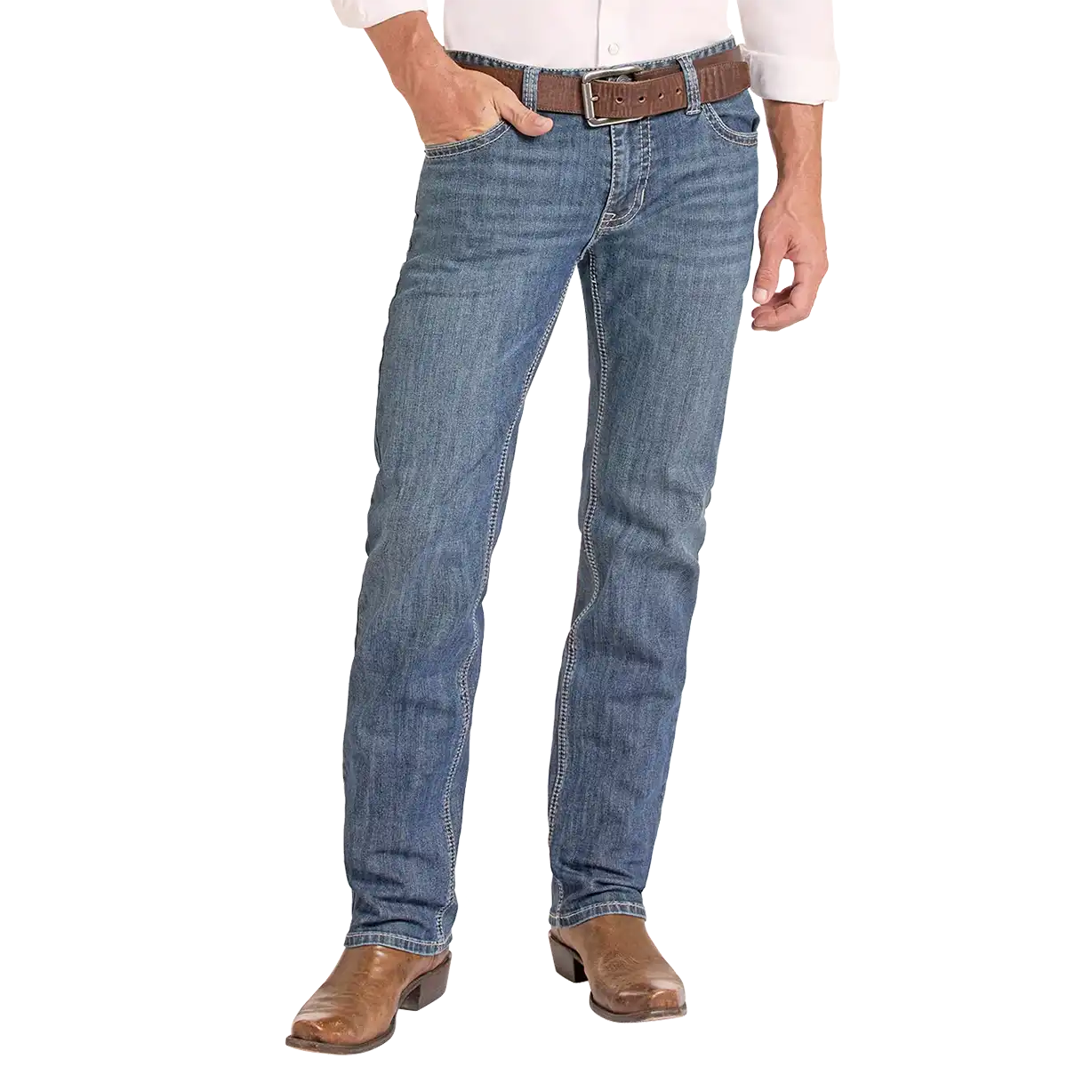 A person wearing blue denim jeans with a brown belt and brown cowboy boots, shown from the waist down on a plain white studio background.