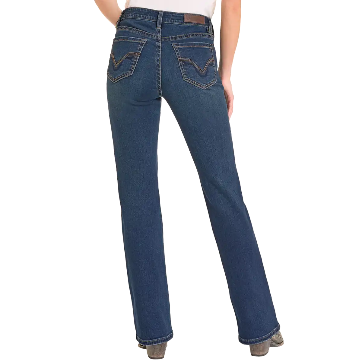 Rear view of a women wearing blue denim jeans with a white top and gray shoes, shown against a plain white background.