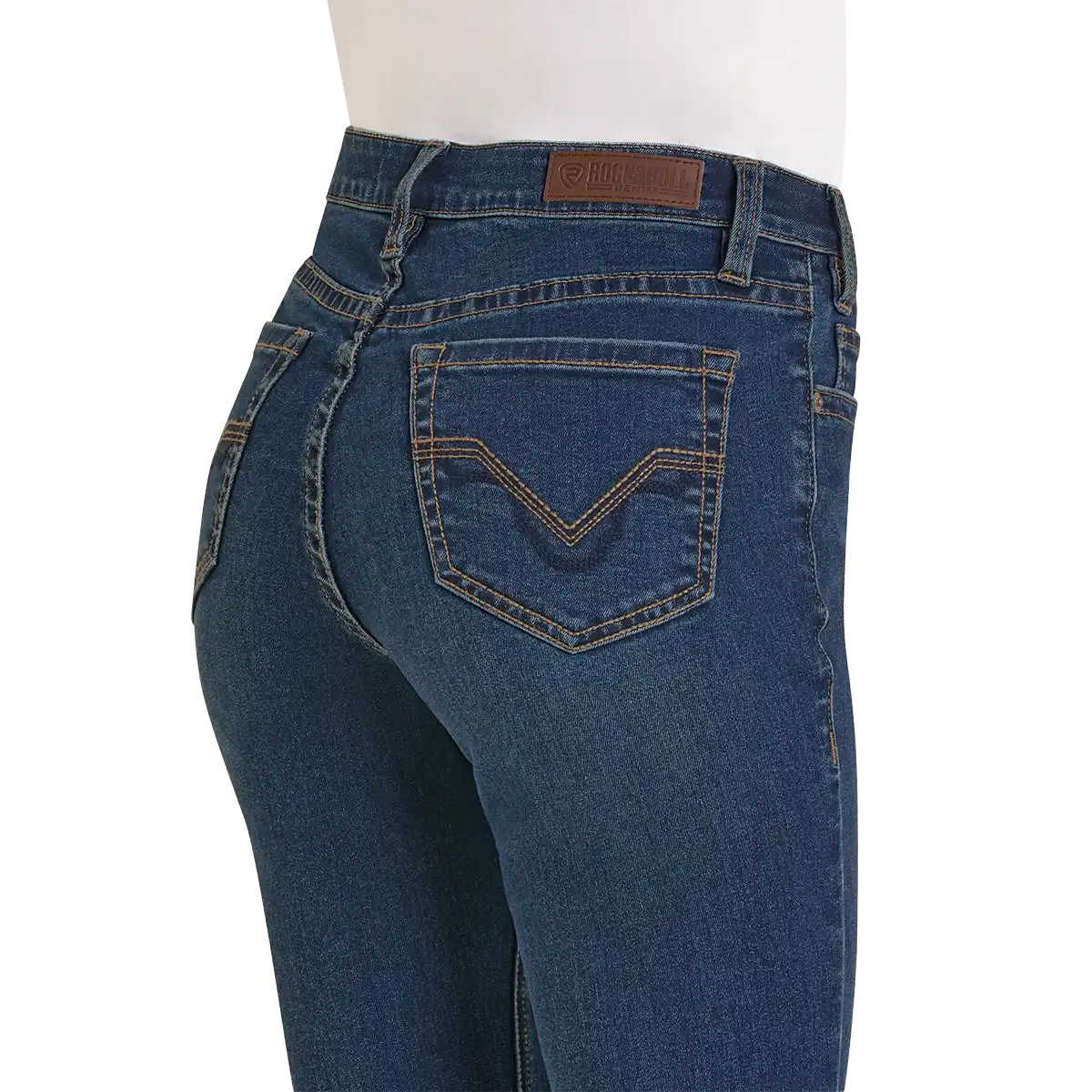 Rear three-quarter view of dark blue women's denim jeans on a white mannequin torso, showing the back pockets with contrast stitching and a brown leather waistband patch.