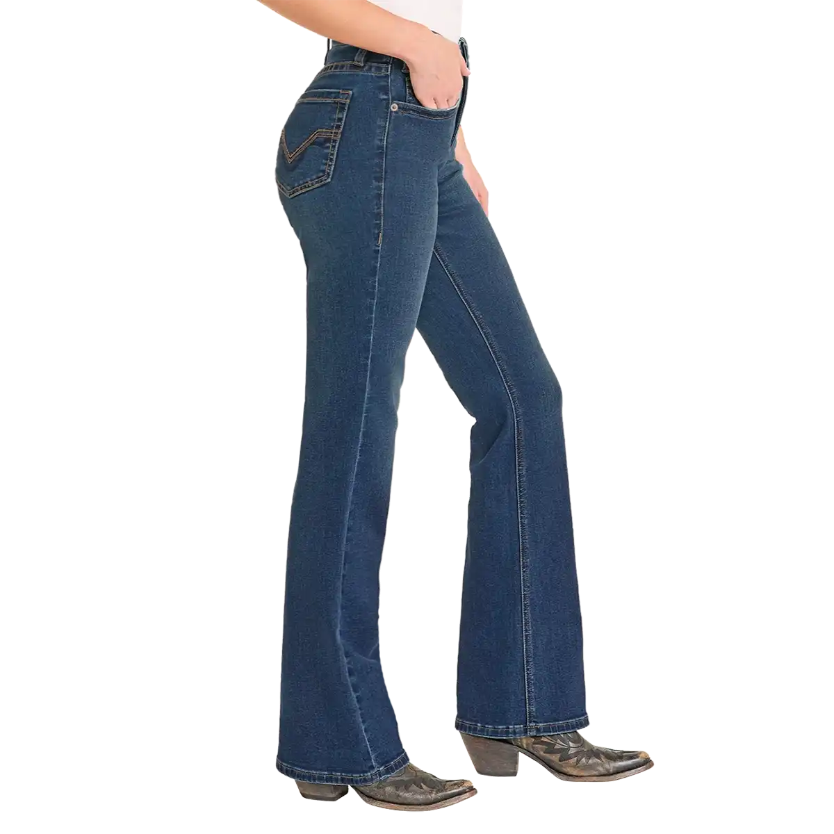 A side profile view of a person wearing dark blue western-style flare jeans and brown cowboy boots against a plain white background.