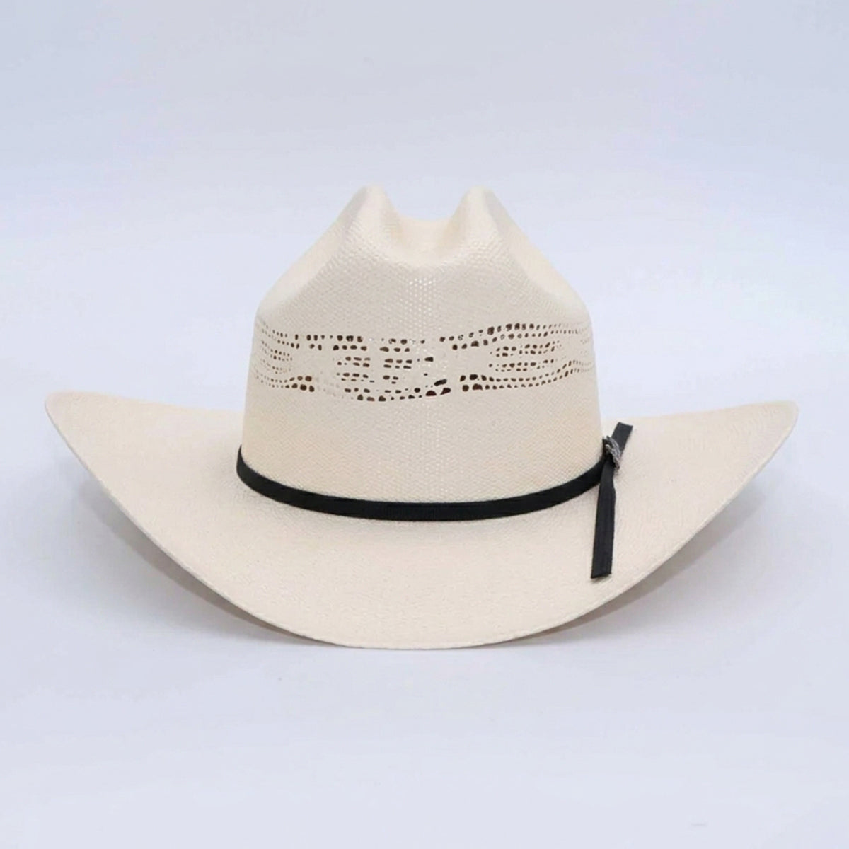 Tombstone Chaparral bangora straw western hat with a black band on a light gray background.