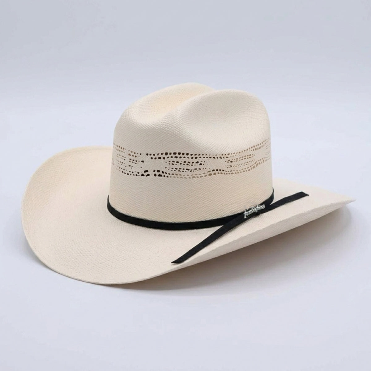Tombstone Chaparral bangora straw cowboy hat with a black band on a light gray background.