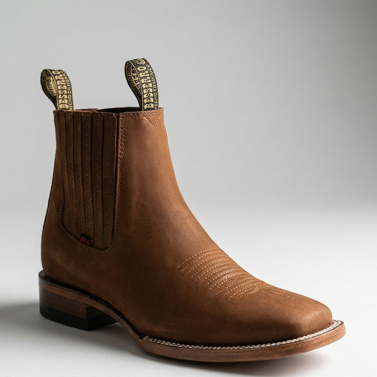 Besserro men's brown Chelsea square toe western boot Nubuck leather.