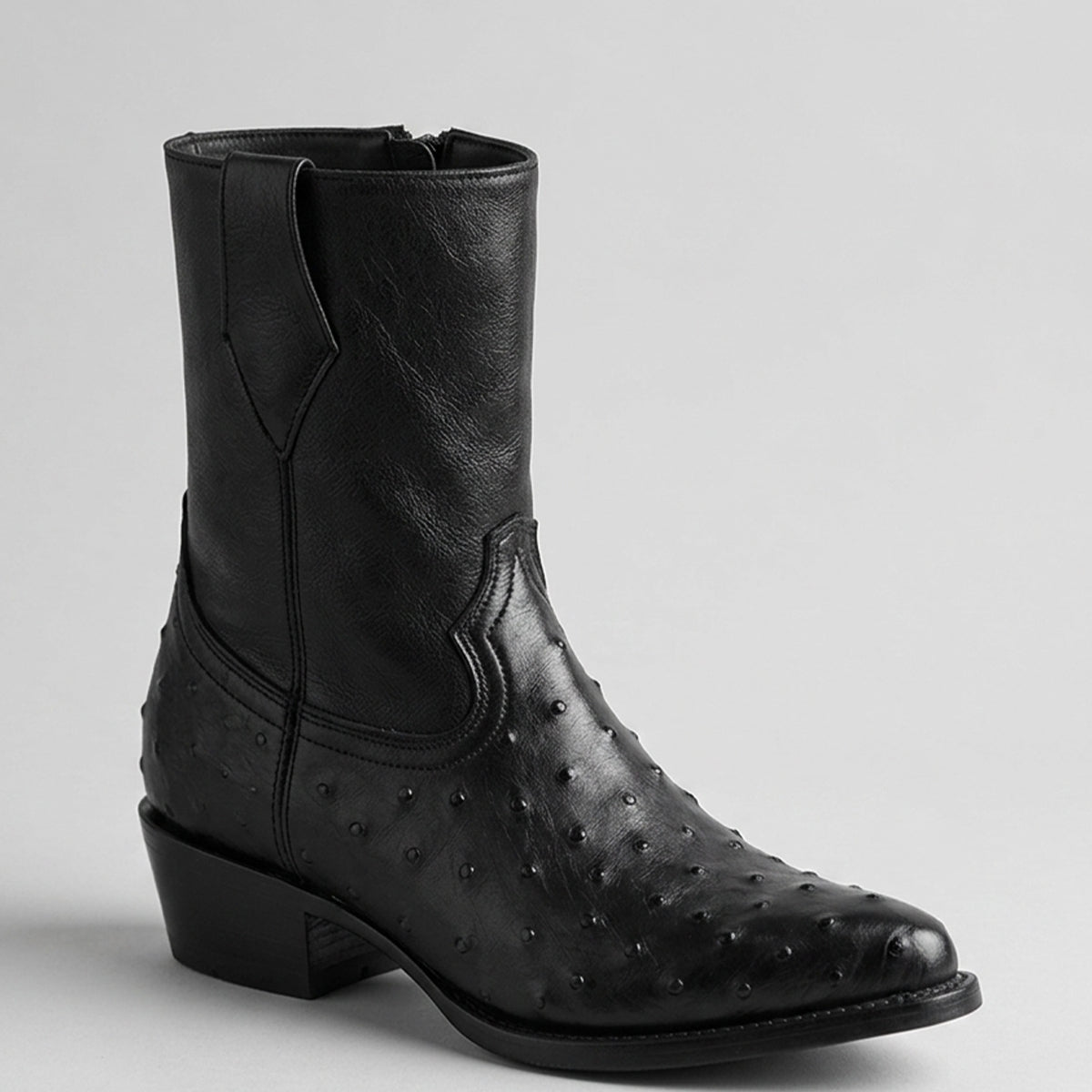 Men's black ostrich print short cowboy boot j-toe profile.