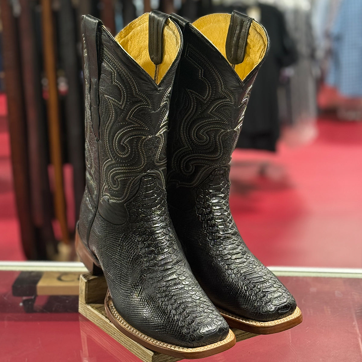 Black Snakeskin Print Square Toe Cowboy Boots